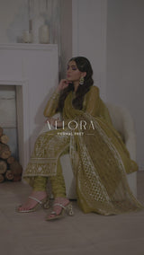 Olive Green Embroidered Organza Salwar Kameez (3-Piece) - Image 8