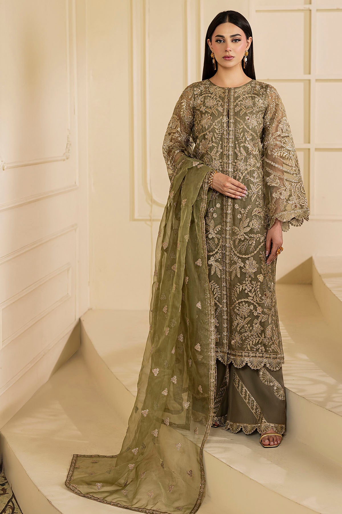 Olive Green Embroidered Organza 3-Piece Suit - Image 1