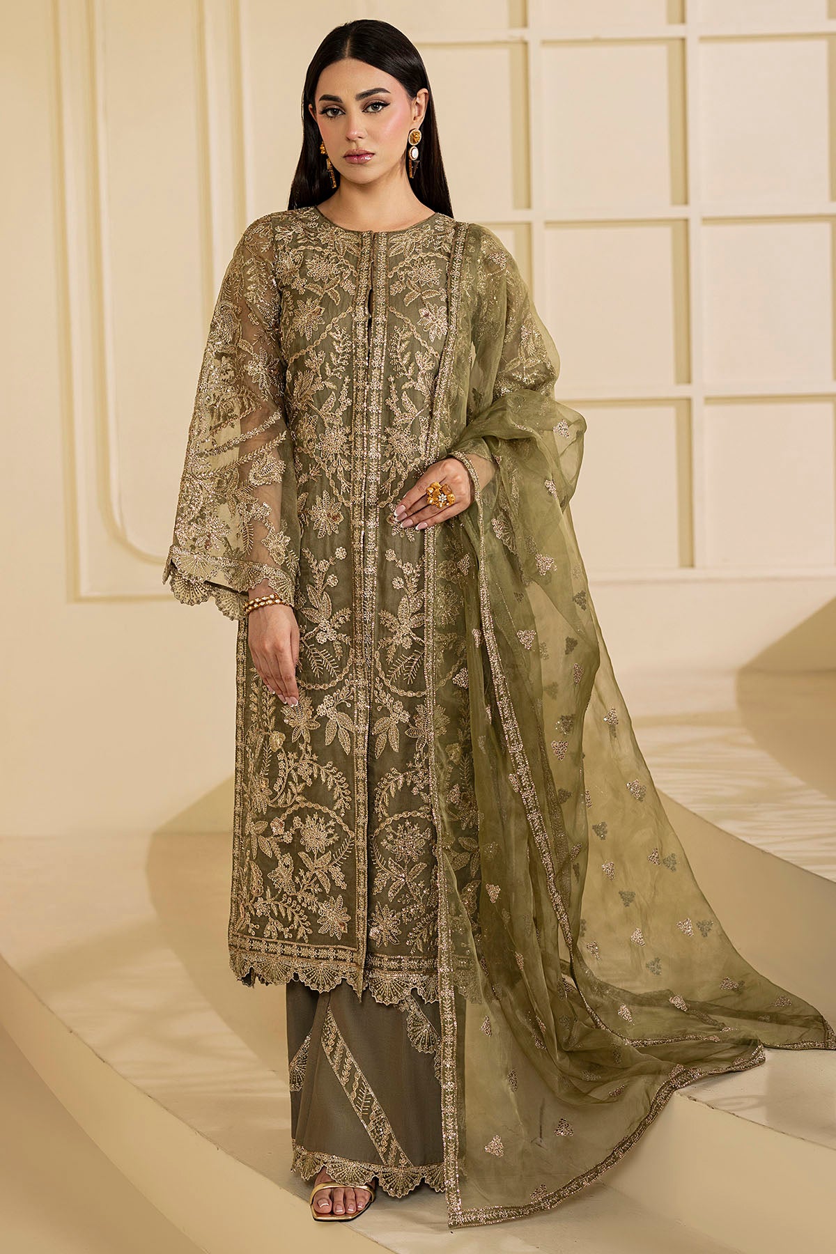 Olive Green Embroidered Organza 3-Piece Suit - Image 2
