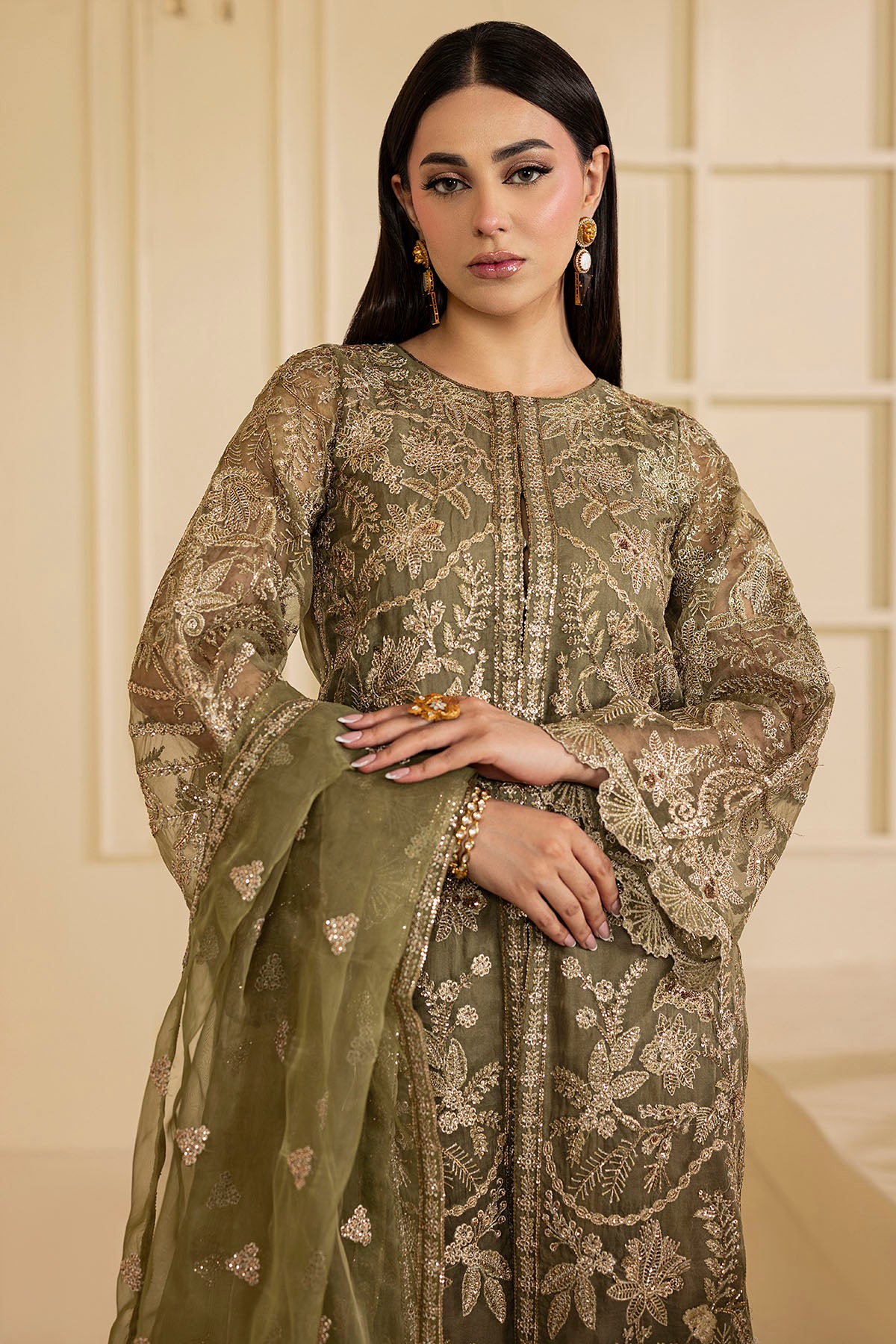 Olive Green Embroidered Organza 3-Piece Suit - Image 3