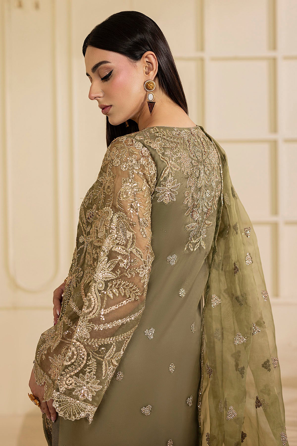Olive Green Embroidered Organza 3-Piece Suit - Image 4