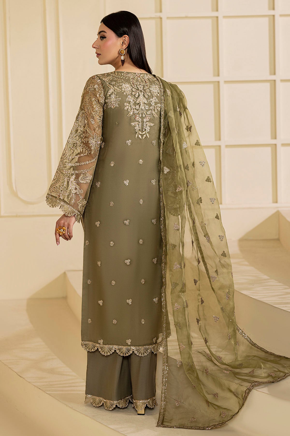 Olive Green Embroidered Organza 3-Piece Suit - Image 5