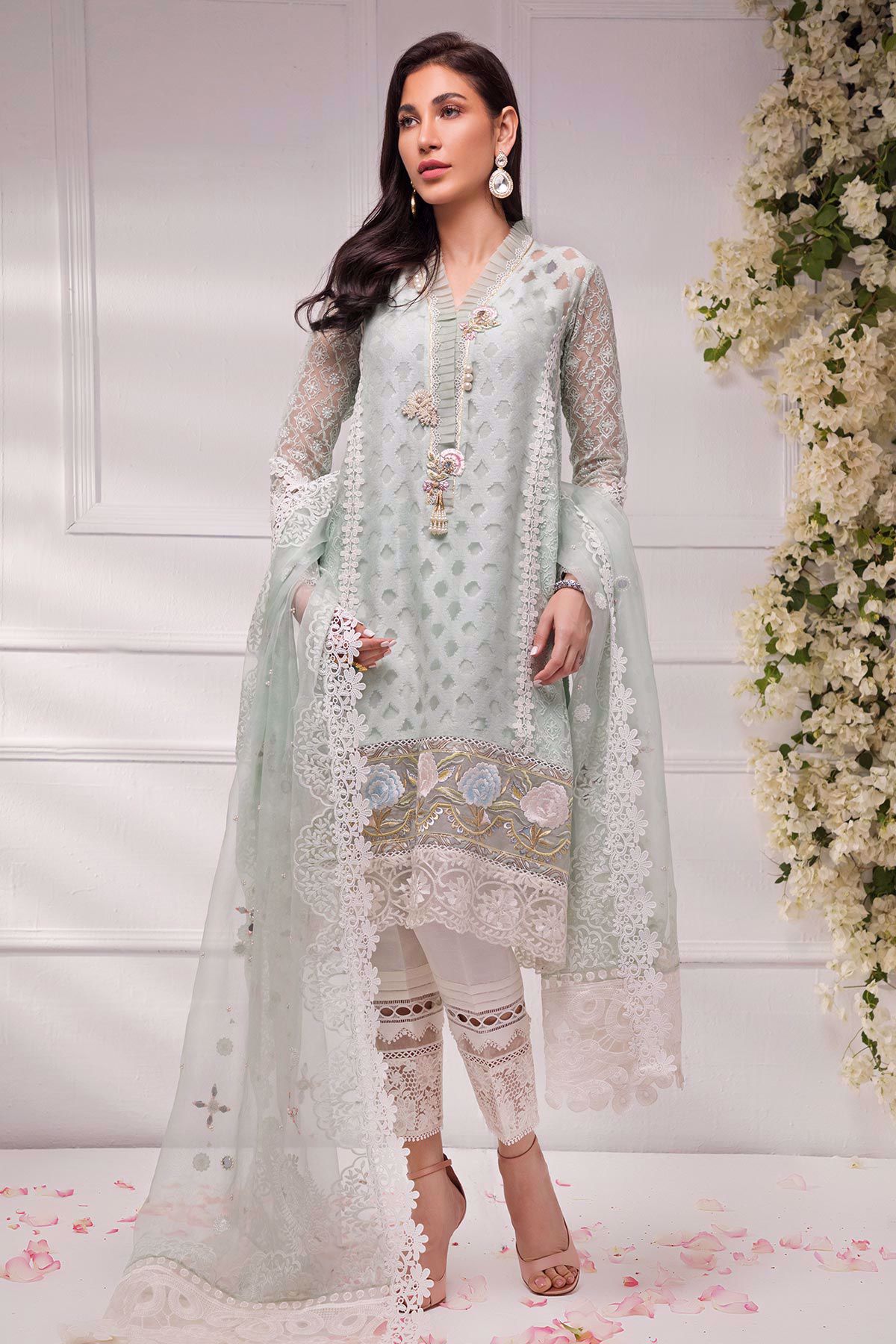 Pakistani Mint Green Embroidered Organza & Raw Silk Salwar Kameez (3-Piece) - Image 2