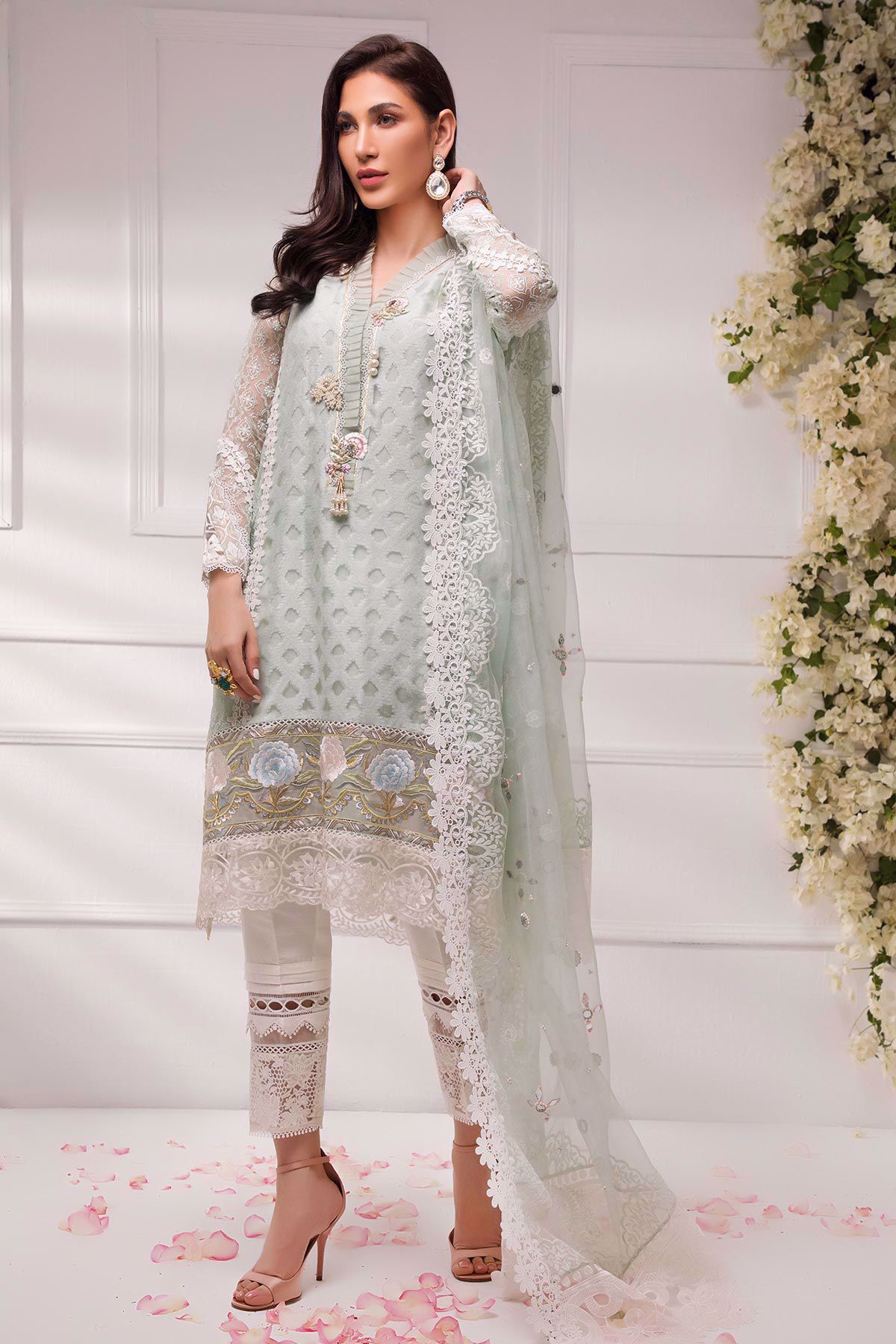 Pakistani Mint Green Embroidered Organza & Raw Silk Salwar Kameez (3-Piece) - Image 3