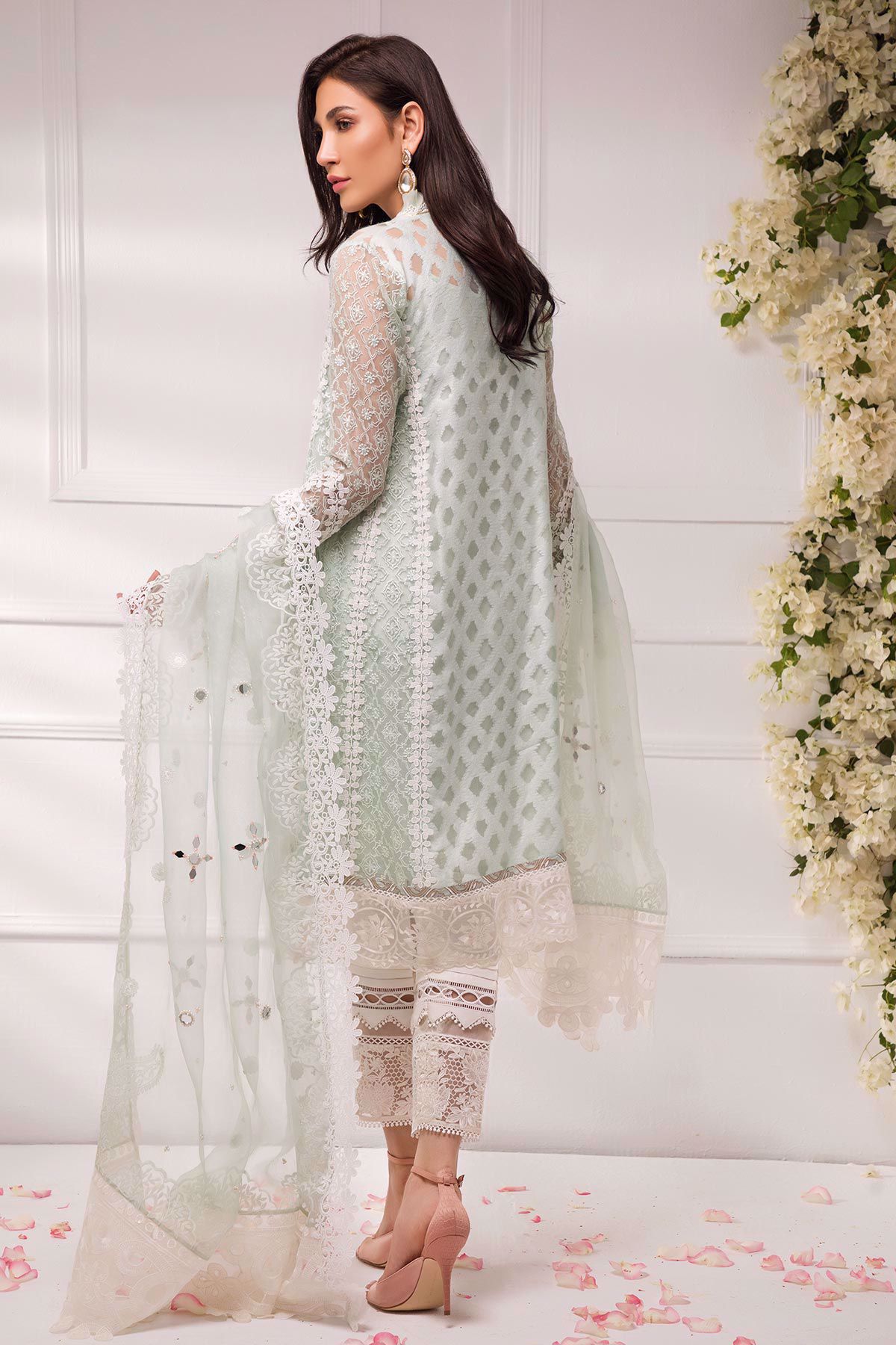 Pakistani Mint Green Embroidered Organza & Raw Silk Salwar Kameez (3-Piece) - Image 4
