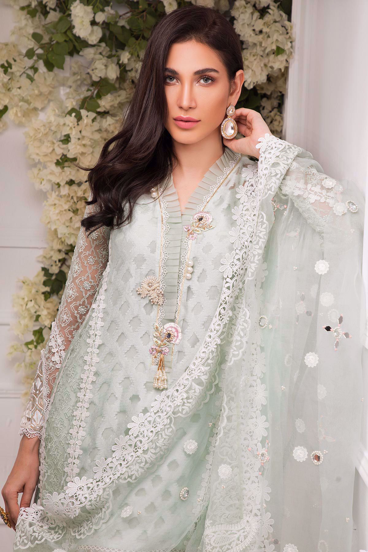 Pakistani Mint Green Embroidered Organza & Raw Silk Salwar Kameez (3-Piece) - Image 5