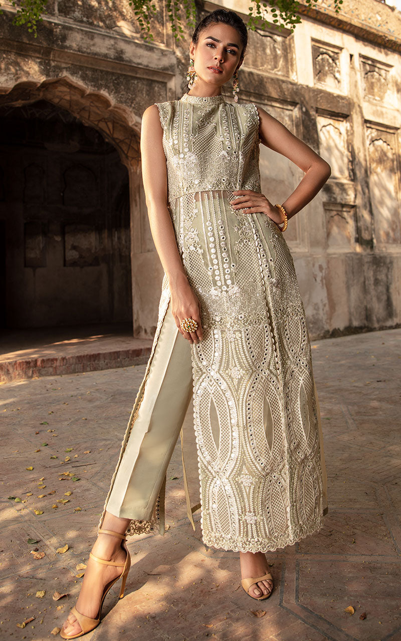 Pakistani Pastel Green Mirrorwork Organza Salwar Kameez (2-Piece) - Image 1