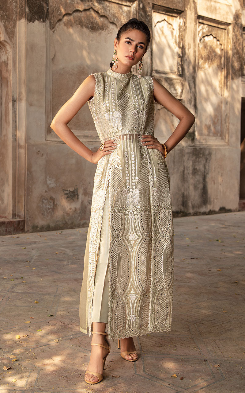 Pakistani Pastel Green Mirrorwork Organza Salwar Kameez (2-Piece) - Image 3