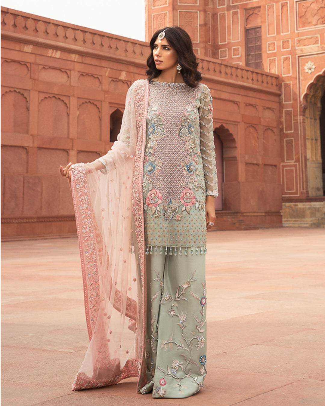 Pastel Sage Embellished Organza & Raw Silk Salwar Kameez (3-Piece) - Image 1