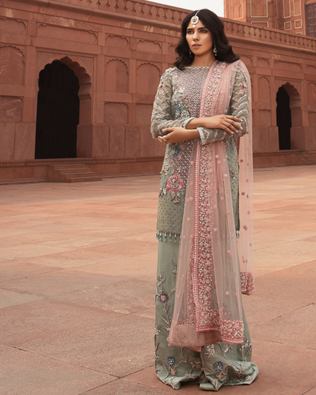 Pastel Sage Embellished Organza & Raw Silk Salwar Kameez (3-Piece) - Image 2