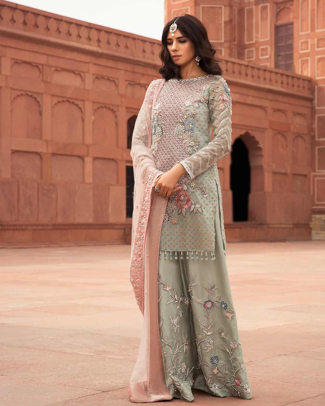 Pastel Sage Embellished Organza & Raw Silk Salwar Kameez (3-Piece) - Image 3