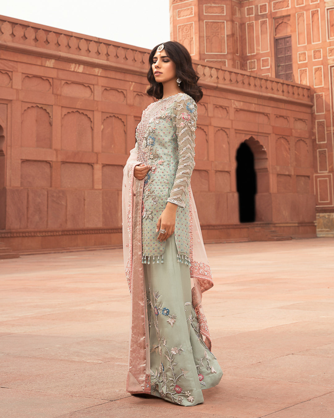 Pastel Sage Embellished Organza & Raw Silk Salwar Kameez (3-Piece) - Image 4