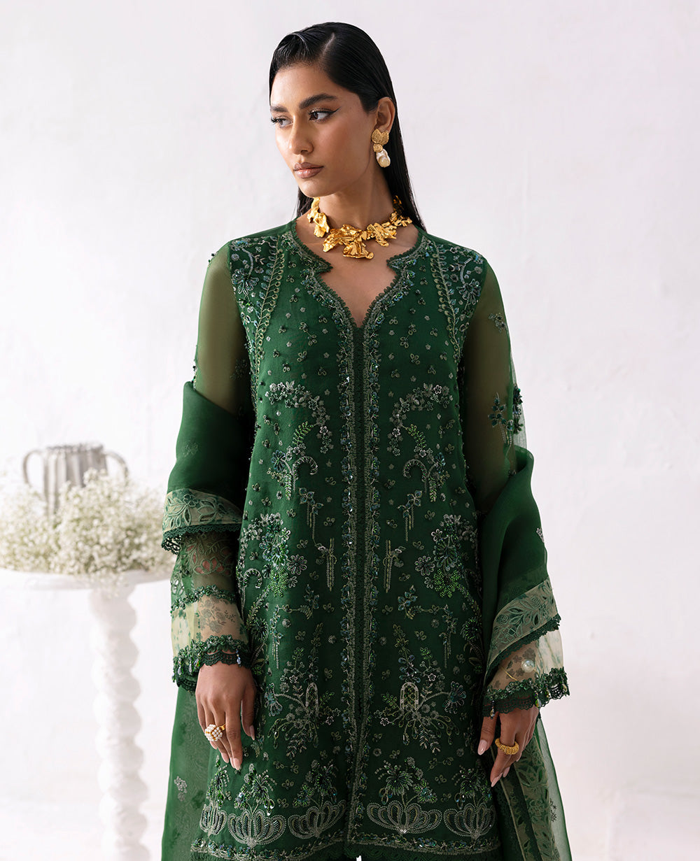 Holly Green Resham Embroidered Organza Salwar Kameez (3-Piece) - Image 3