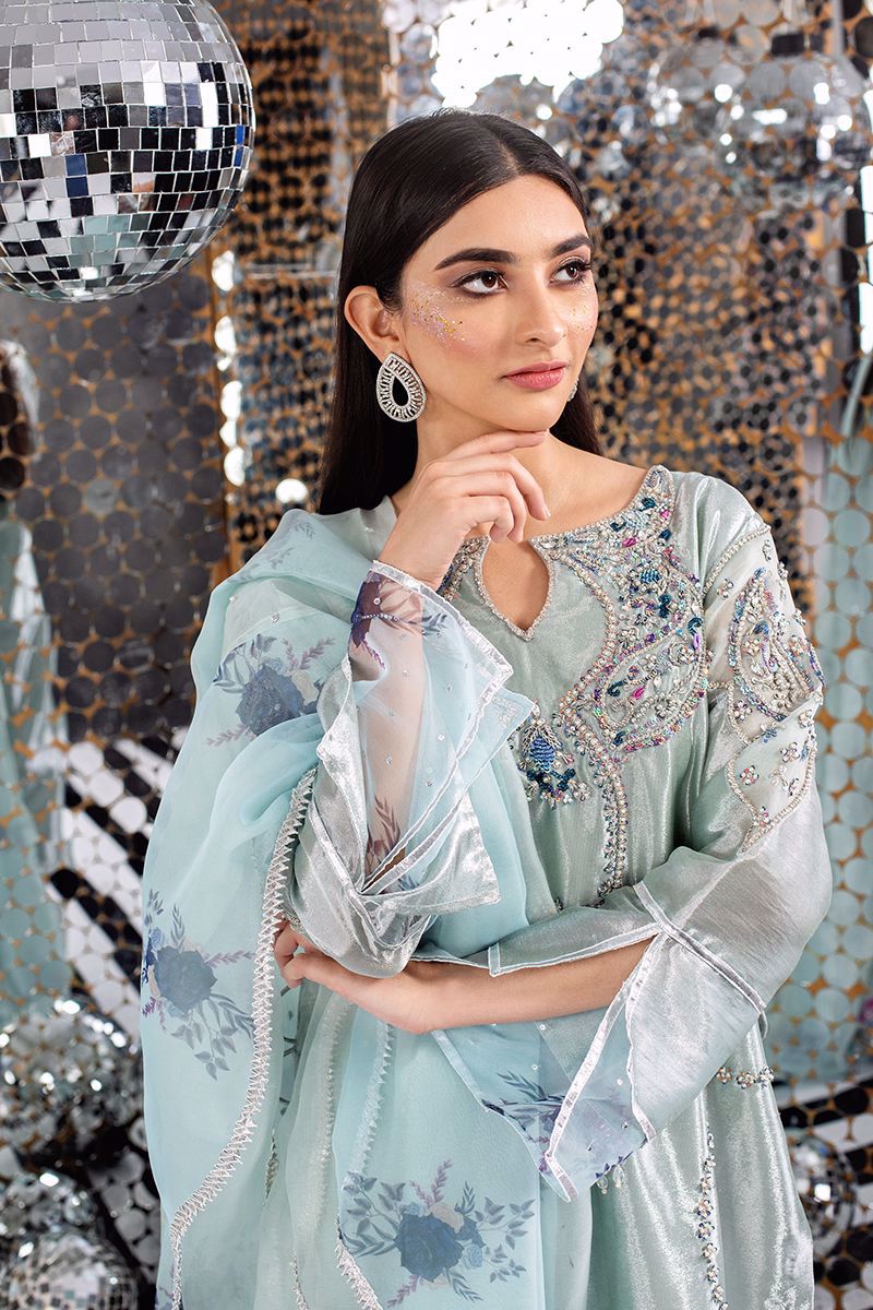 Pakistani Seafoam Embroidered Organza Salwar Kameez (3-Piece) - Image 2