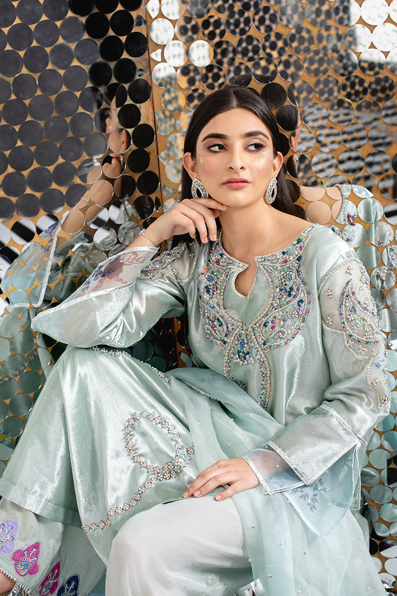 Pakistani Seafoam Embroidered Organza Salwar Kameez (3-Piece) - Image 3