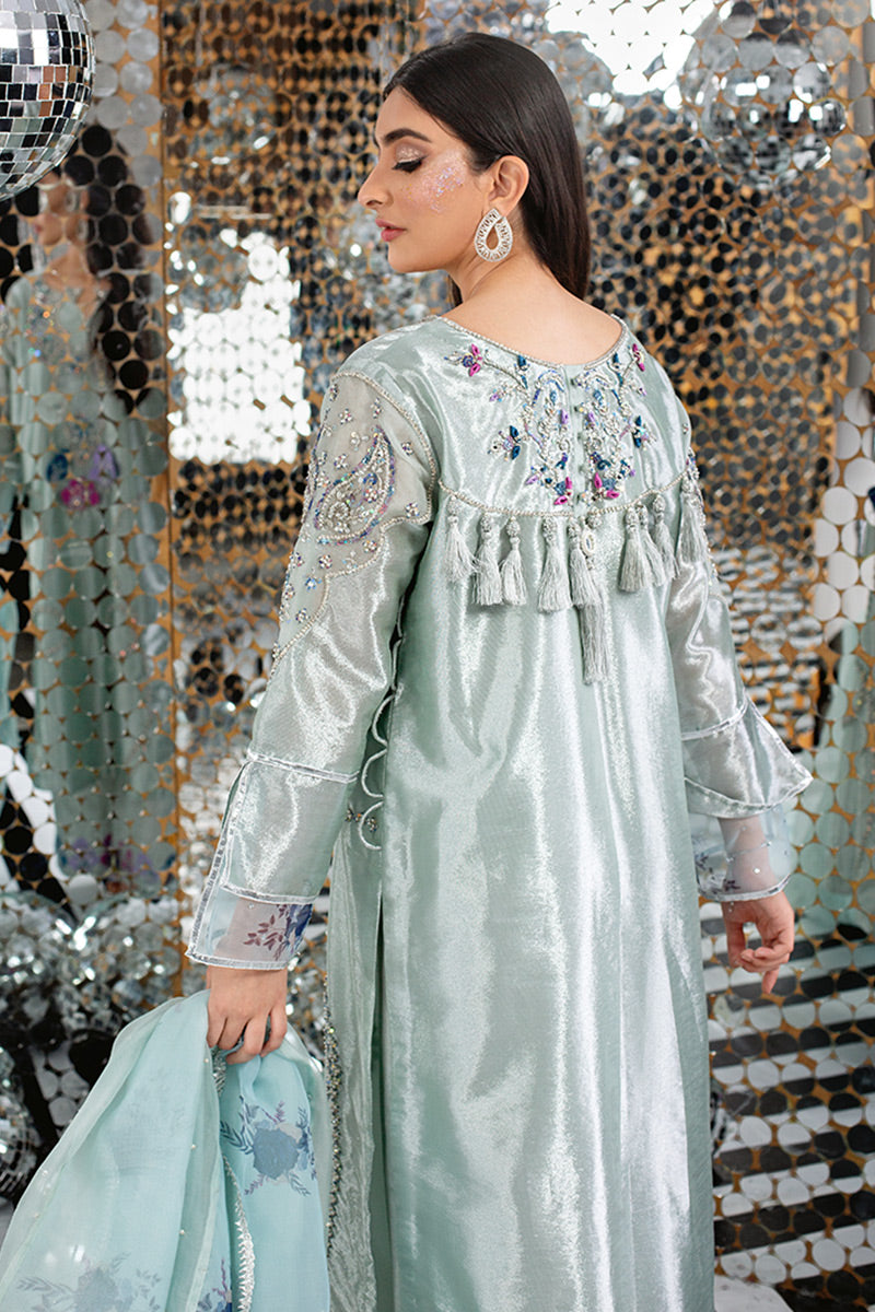 Pakistani Seafoam Embroidered Organza Salwar Kameez (3-Piece) - Image 4