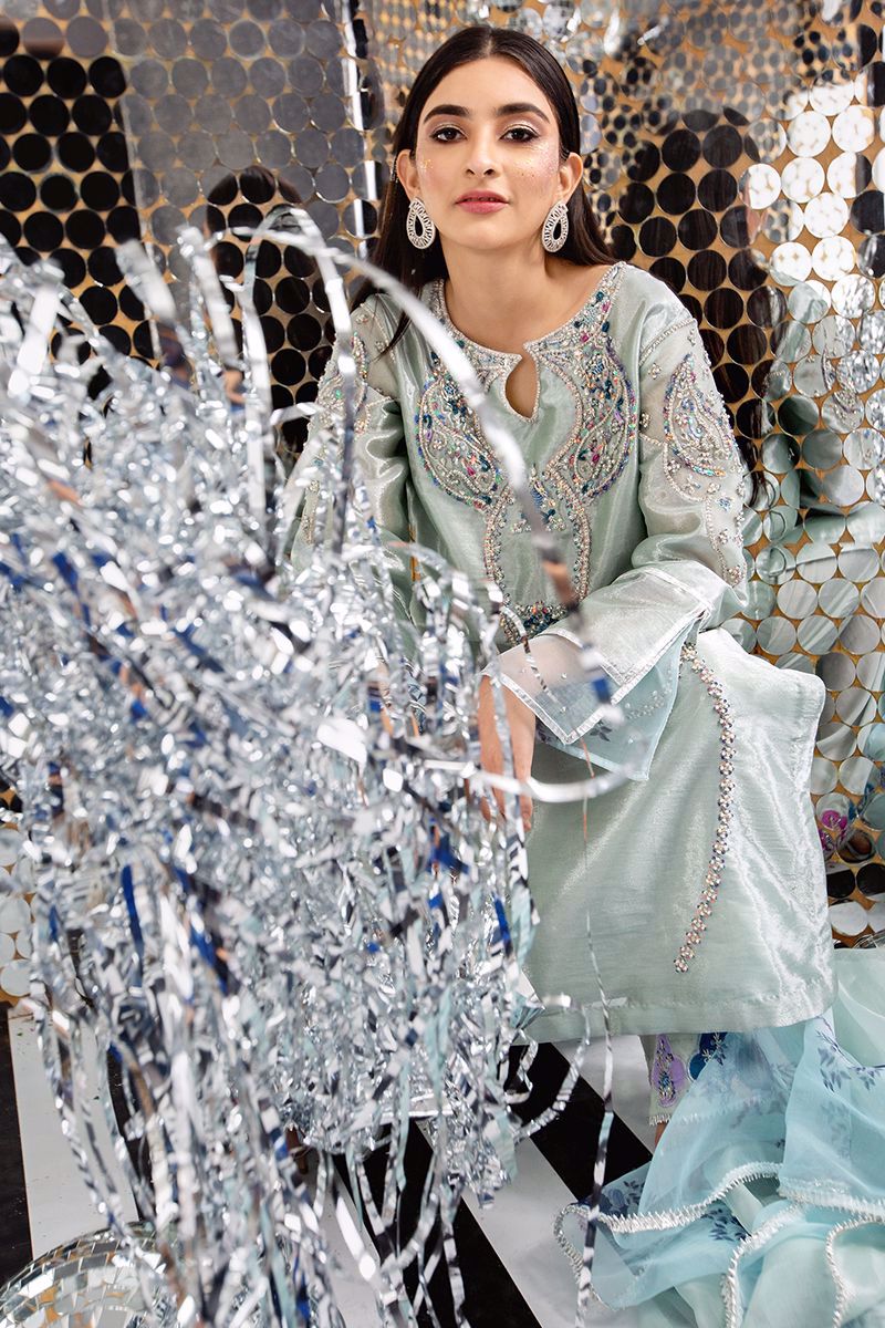 Pakistani Seafoam Embroidered Organza Salwar Kameez (3-Piece) - Image 5