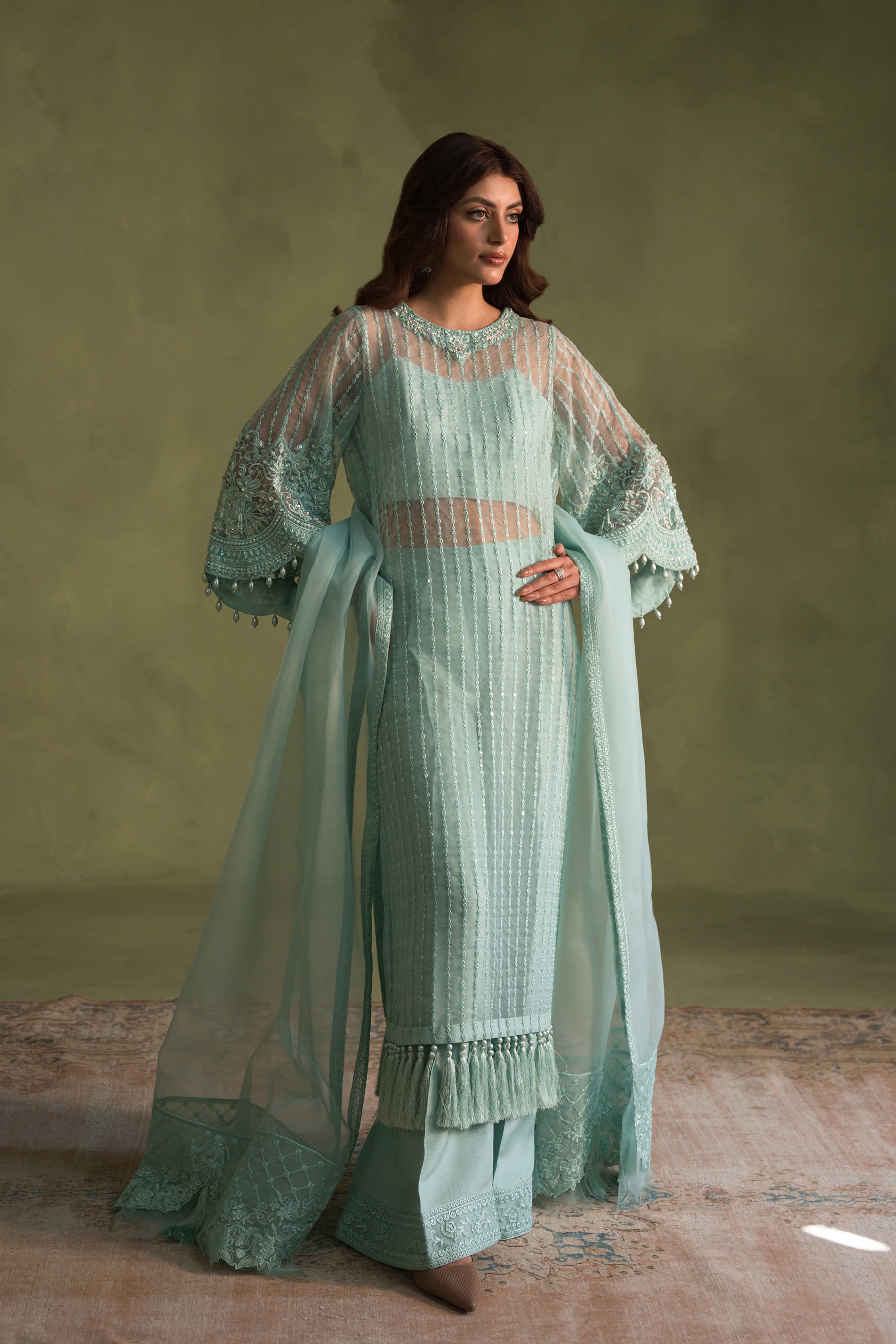 Aquamarine Embroidered Organza & Raw Silk Salwar Kameez (4-Piece) - Image 1