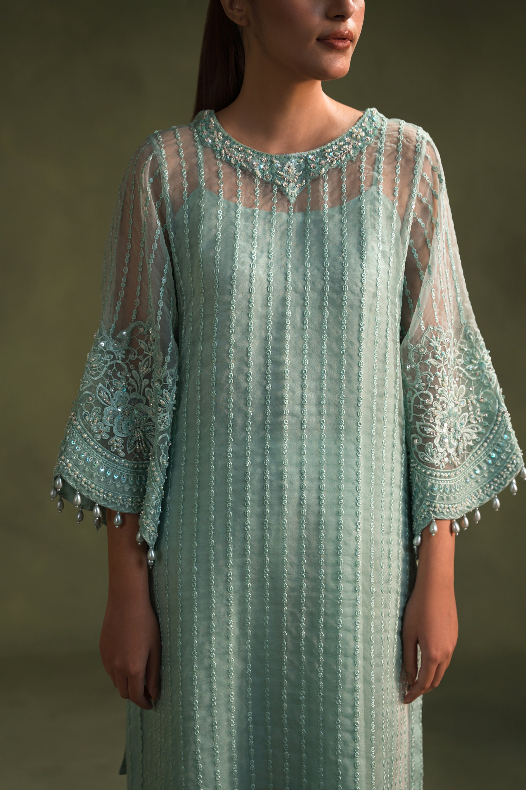 Aquamarine Embroidered Organza & Raw Silk Salwar Kameez (4-Piece) - Image 2