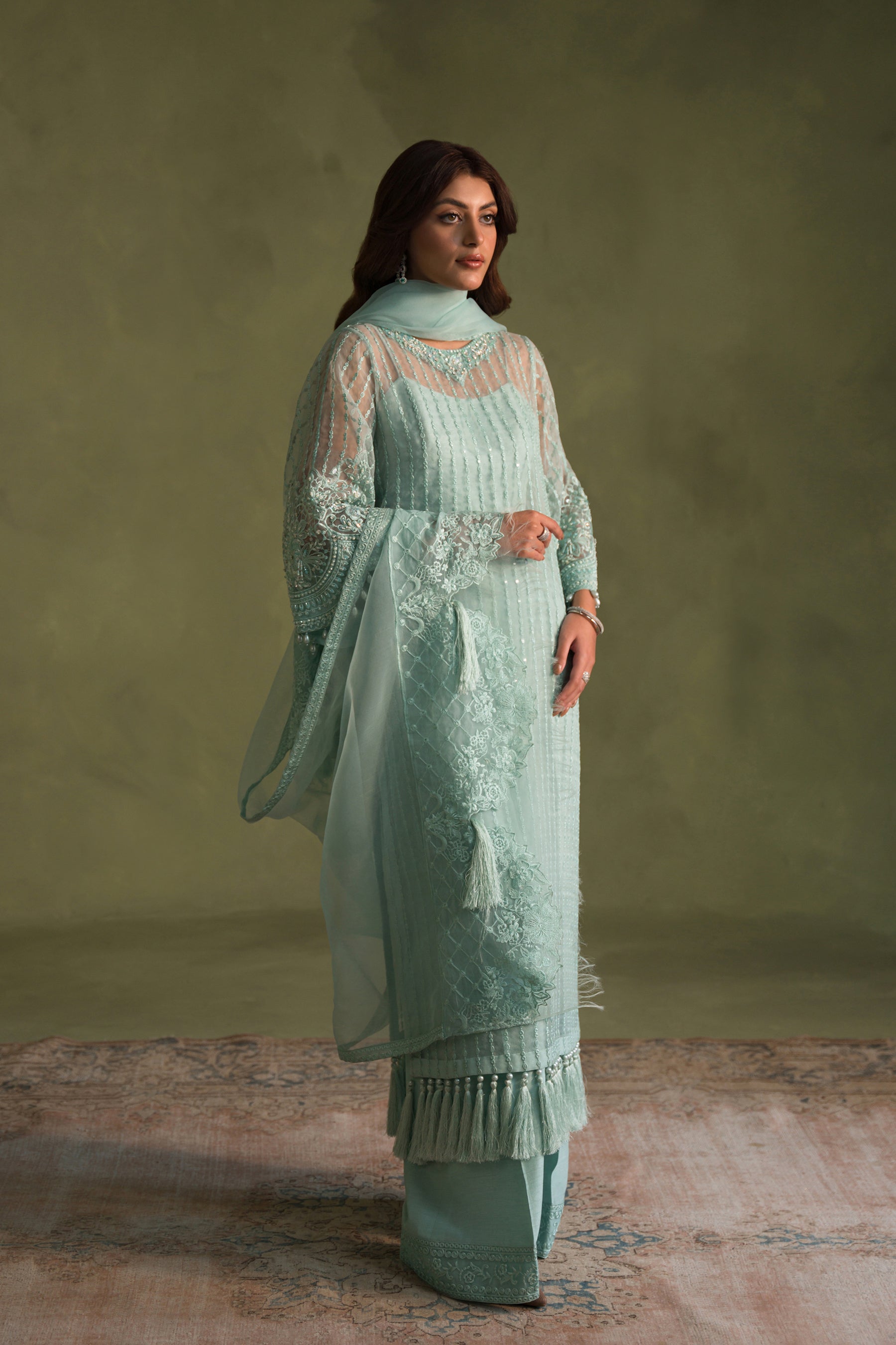 Aquamarine Embroidered Organza & Raw Silk Salwar Kameez (4-Piece) - Image 3