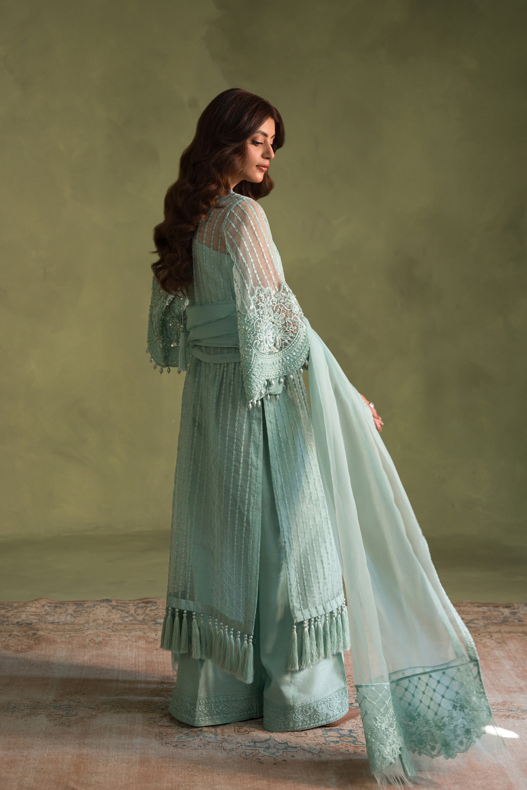 Aquamarine Embroidered Organza & Raw Silk Salwar Kameez (4-Piece) - Image 4