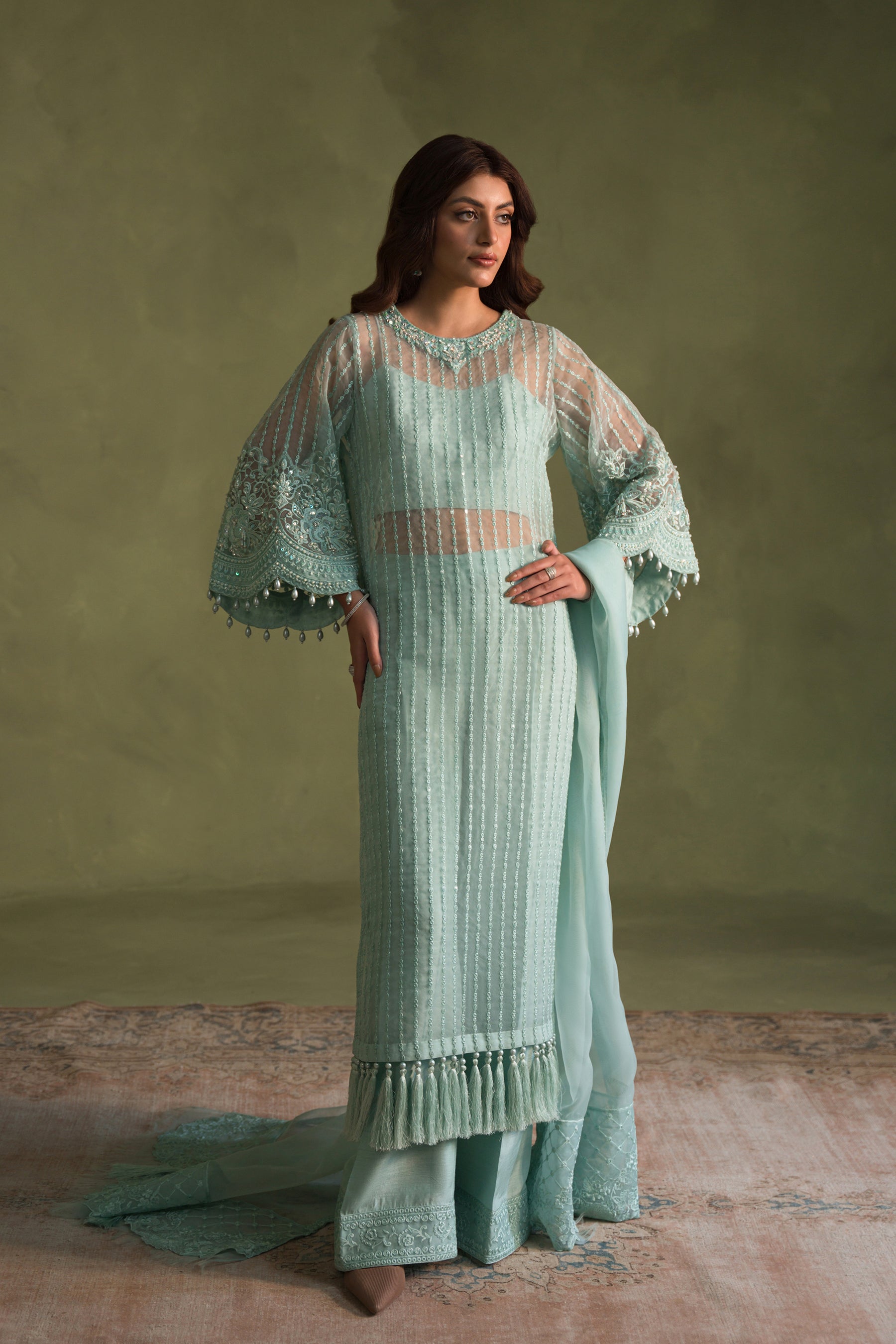 Aquamarine Embroidered Organza & Raw Silk Salwar Kameez (4-Piece) - Image 5