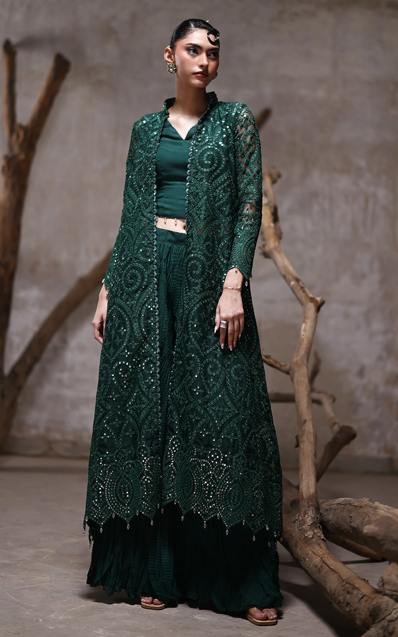 Deep Green Embroidered Organza Jacket with Chiffon Trousers (2-Piece) - Image 1