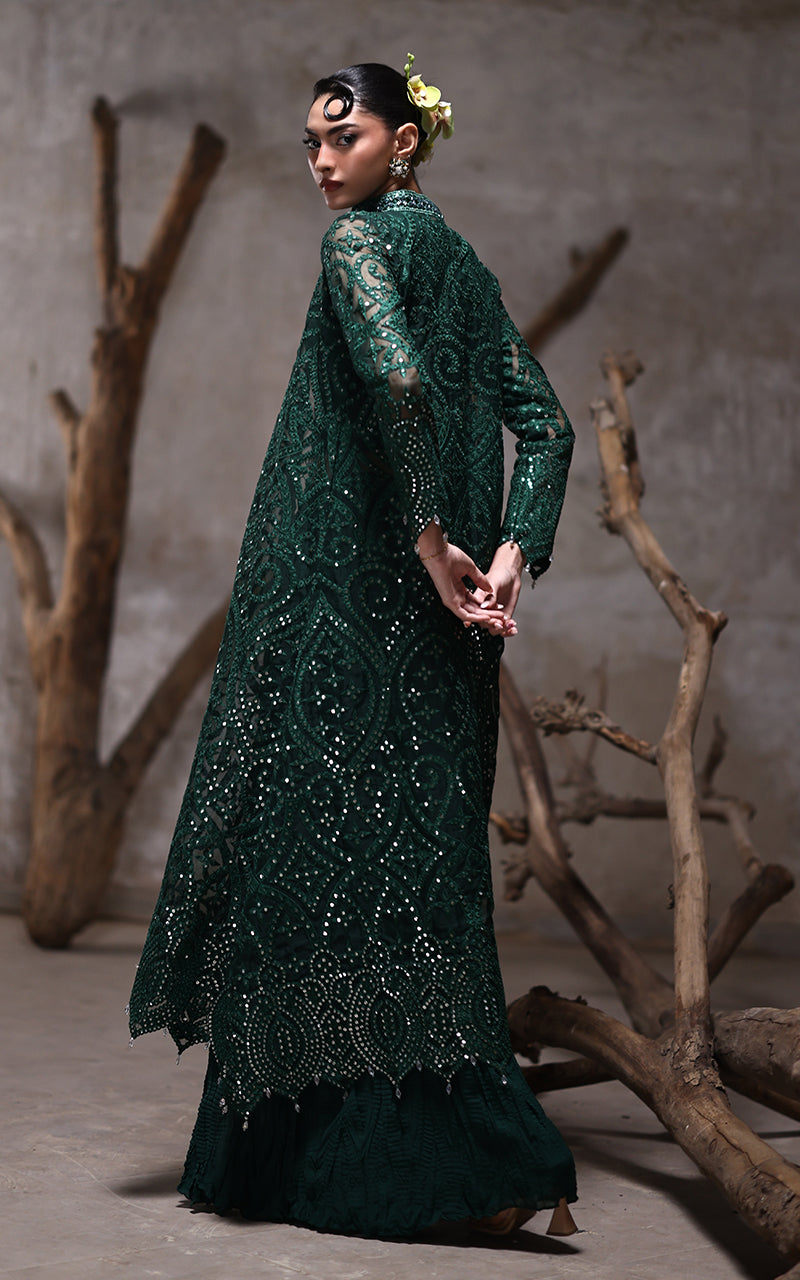 Deep Green Embroidered Organza Jacket with Chiffon Trousers (2-Piece) - Image 2