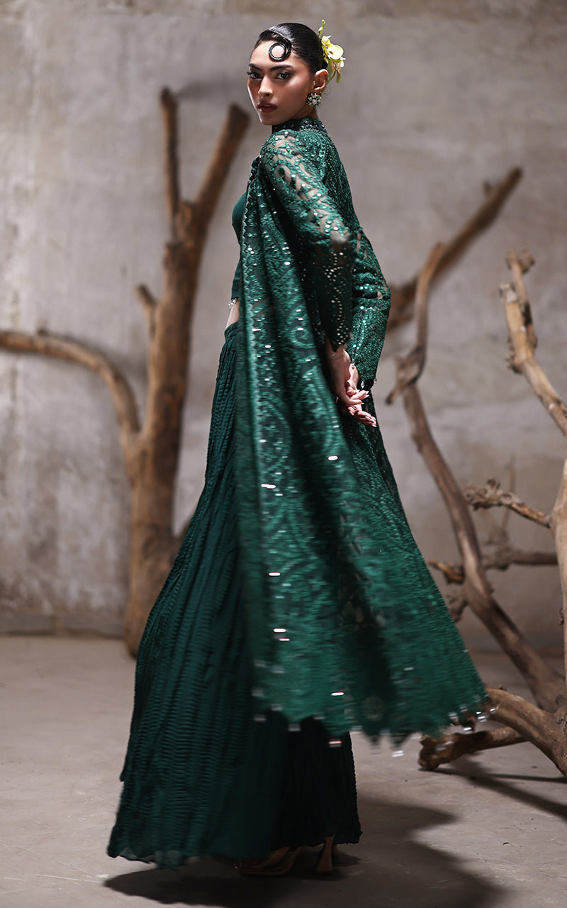 Deep Green Embroidered Organza Jacket with Chiffon Trousers (2-Piece) - Image 3