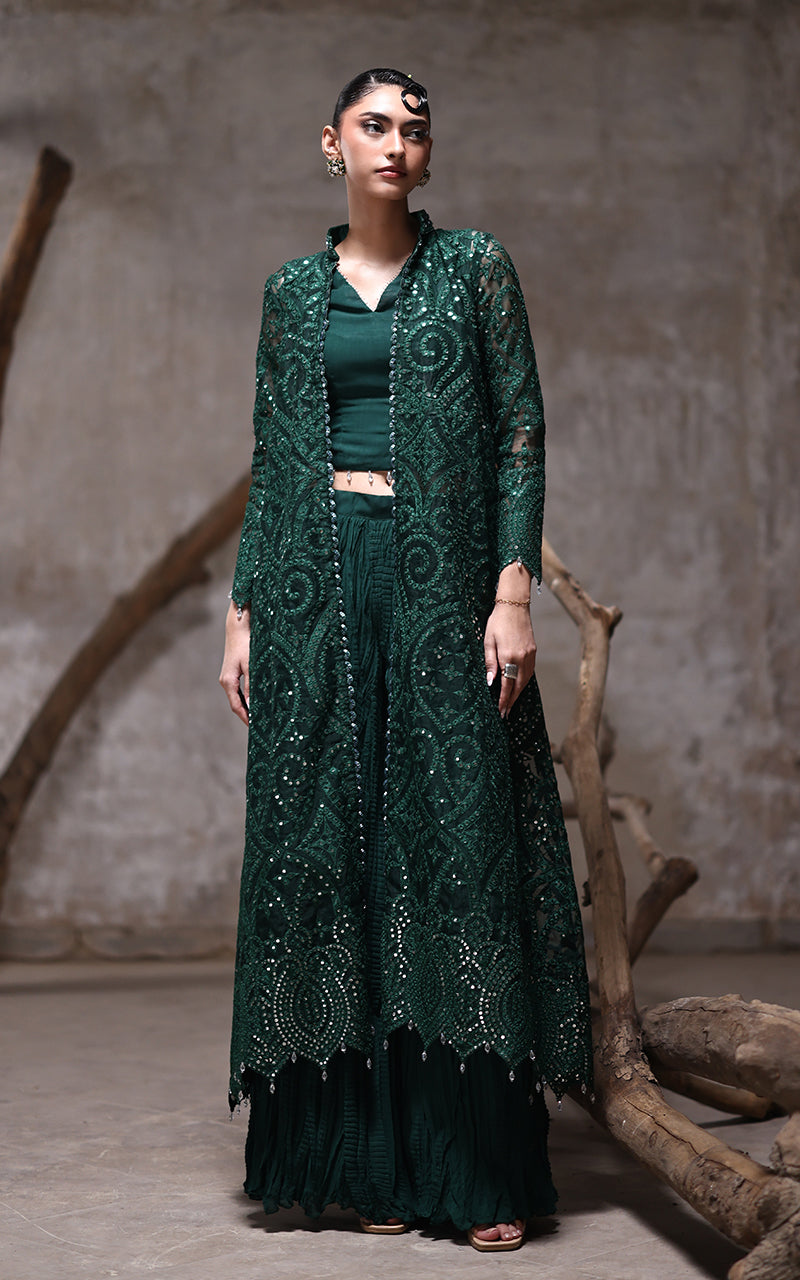 Deep Green Embroidered Organza Jacket with Chiffon Trousers (2-Piece) - Image 4