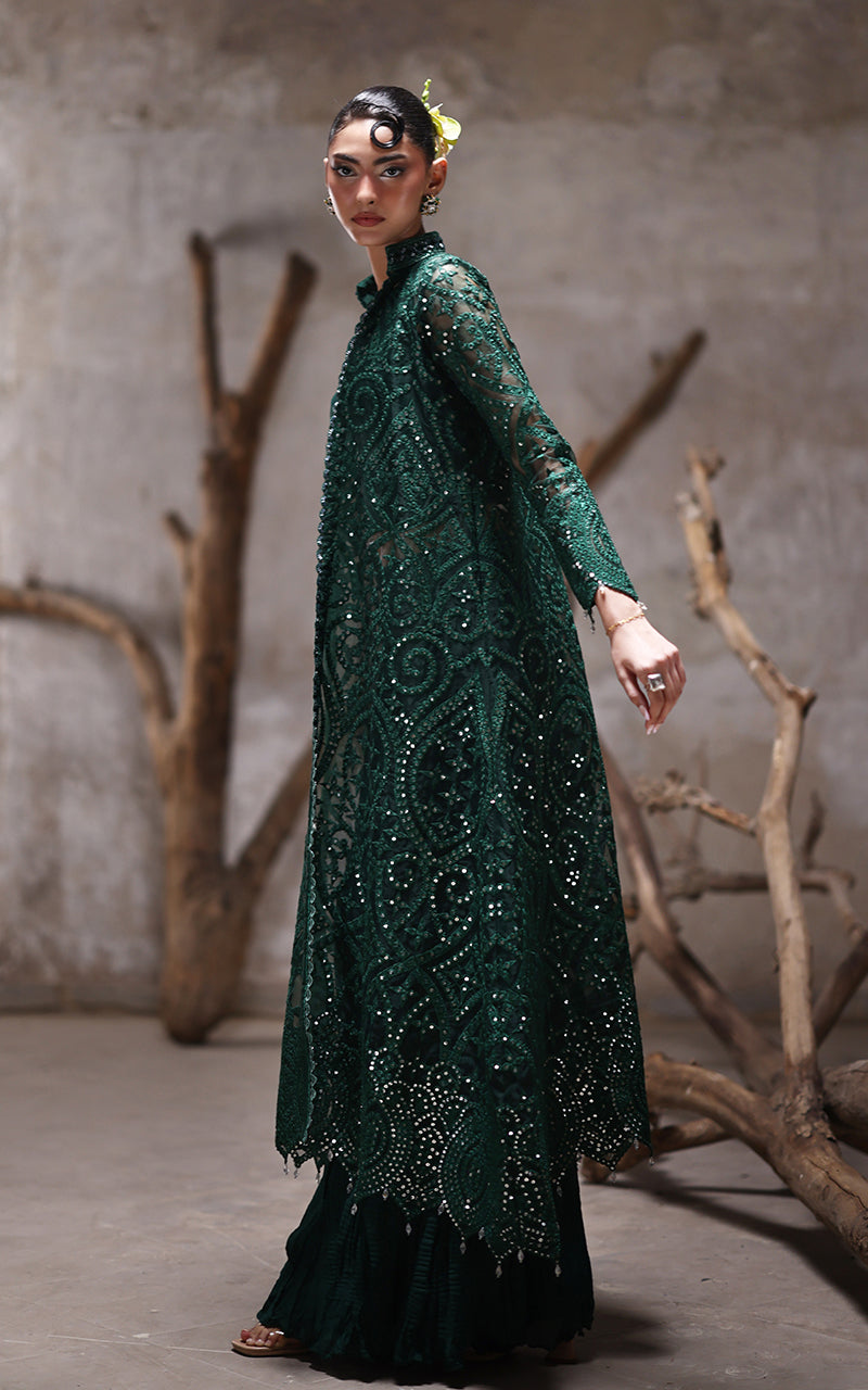 Deep Green Embroidered Organza Jacket with Chiffon Trousers (2-Piece) - Image 5