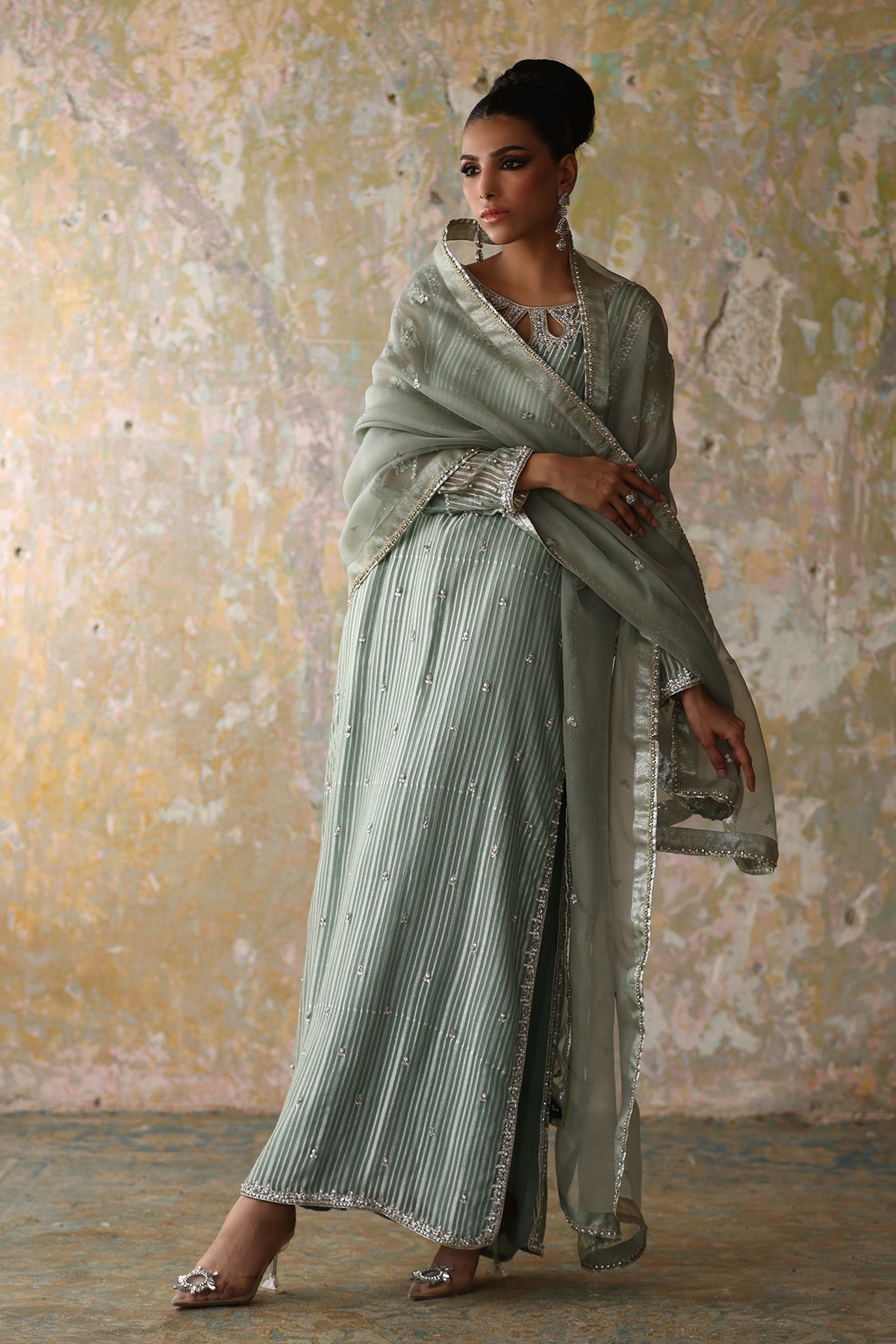 Sea Green Hand-Embellished Organza Salwar Kameez (3-Piece) - Image 1