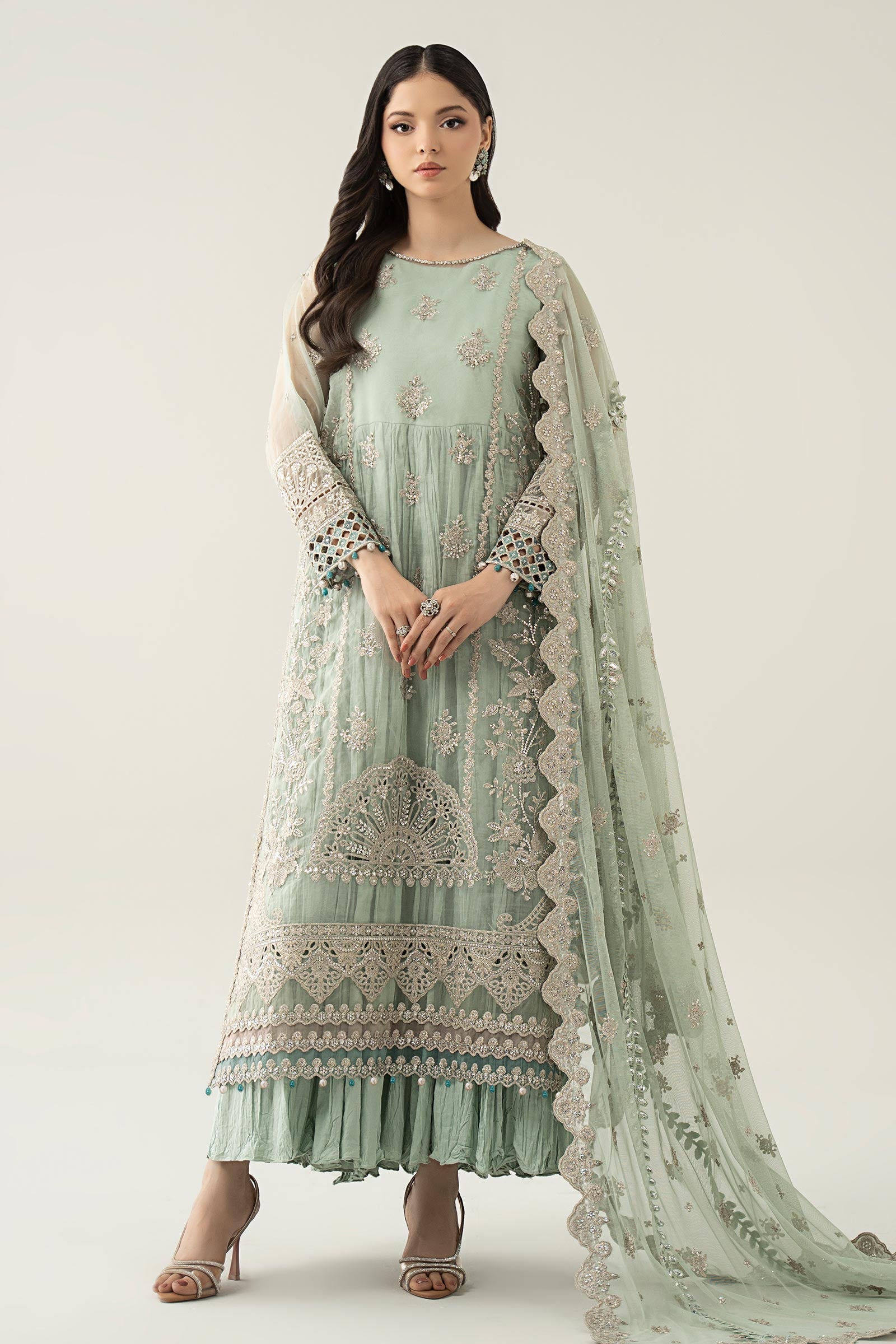 Pakistani Sea Green Embroidered Organza 3-Piece Suit - Image 1