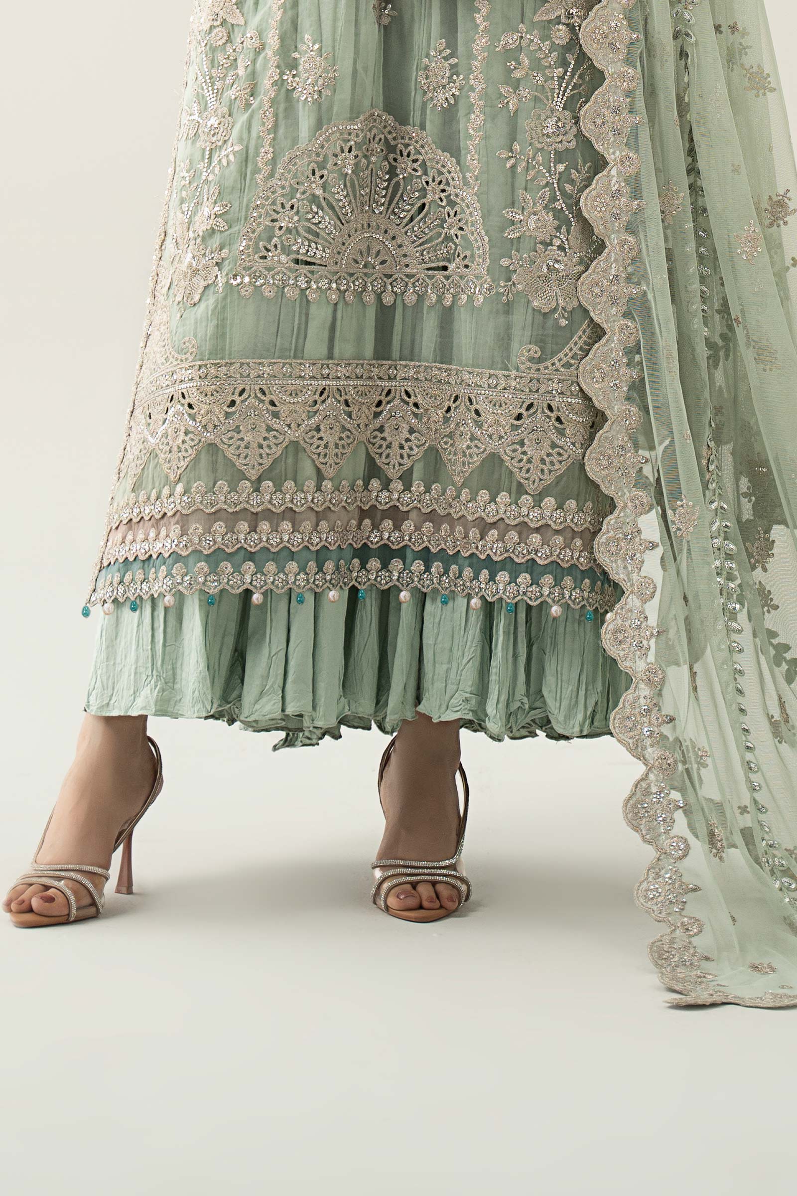 Pakistani Sea Green Embroidered Organza 3-Piece Suit - Image 4