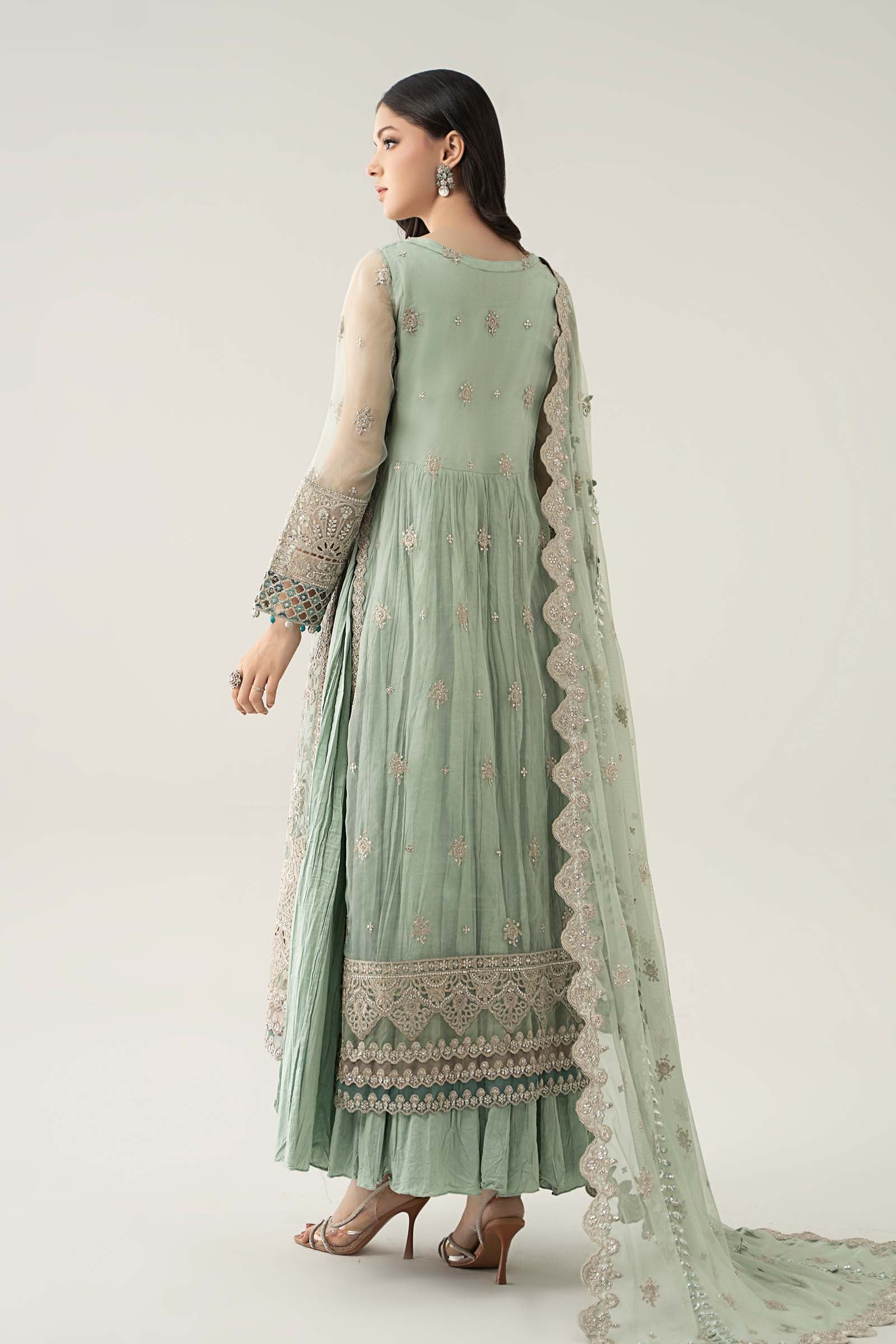 Pakistani Sea Green Embroidered Organza 3-Piece Suit - Image 6