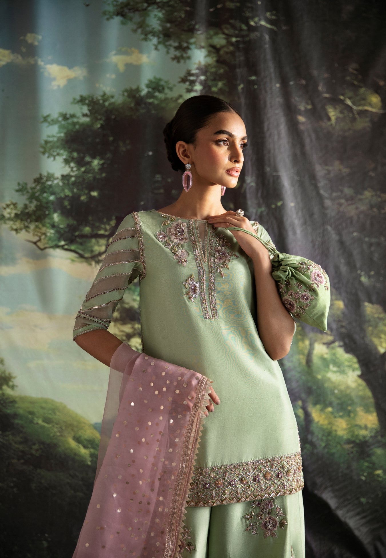 Pakistani Mint Green Embroidered Organza Salwar Kameez (3-Piece) - Image 2
