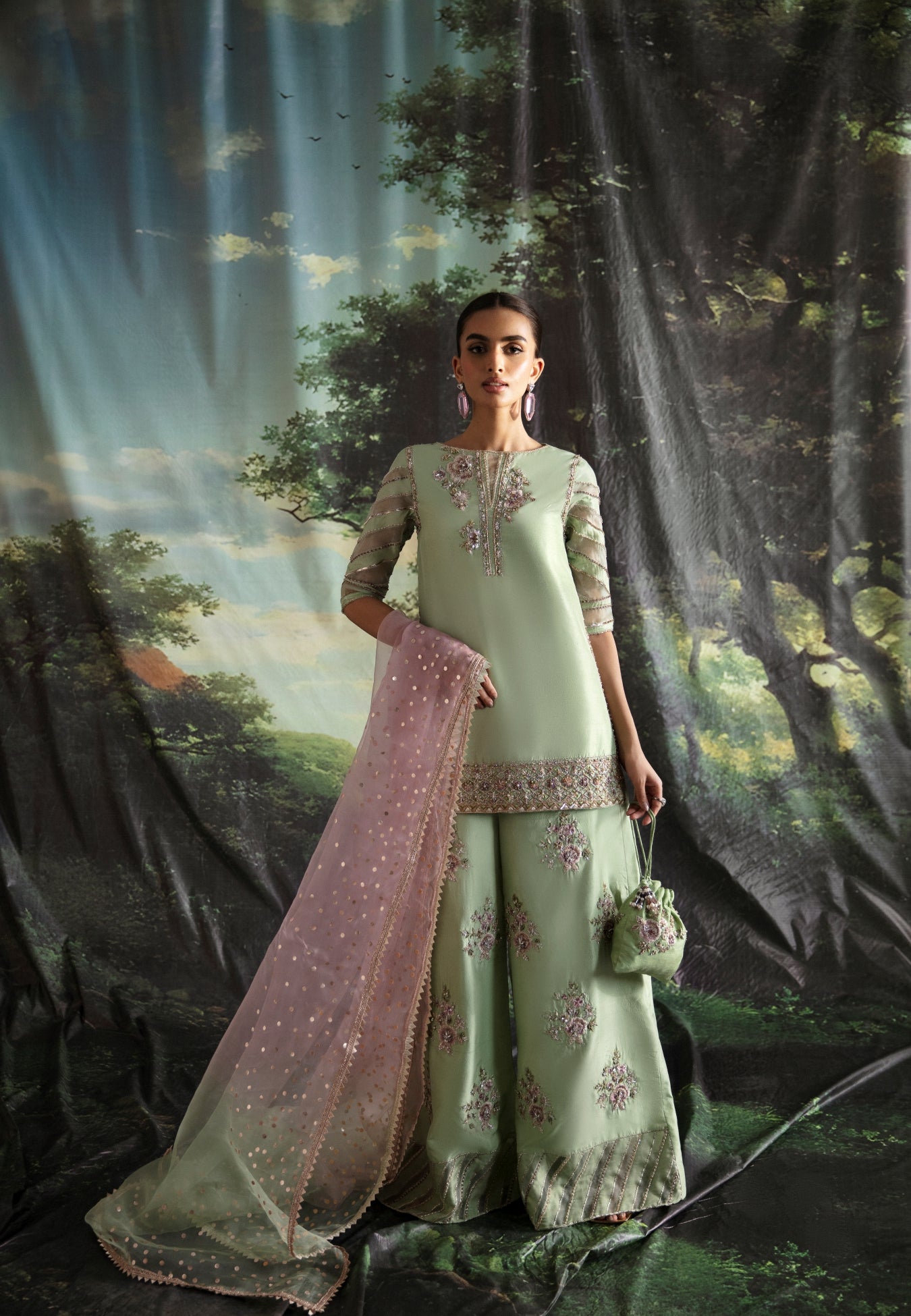 Pakistani Mint Green Embroidered Organza Salwar Kameez (3-Piece) - Image 3