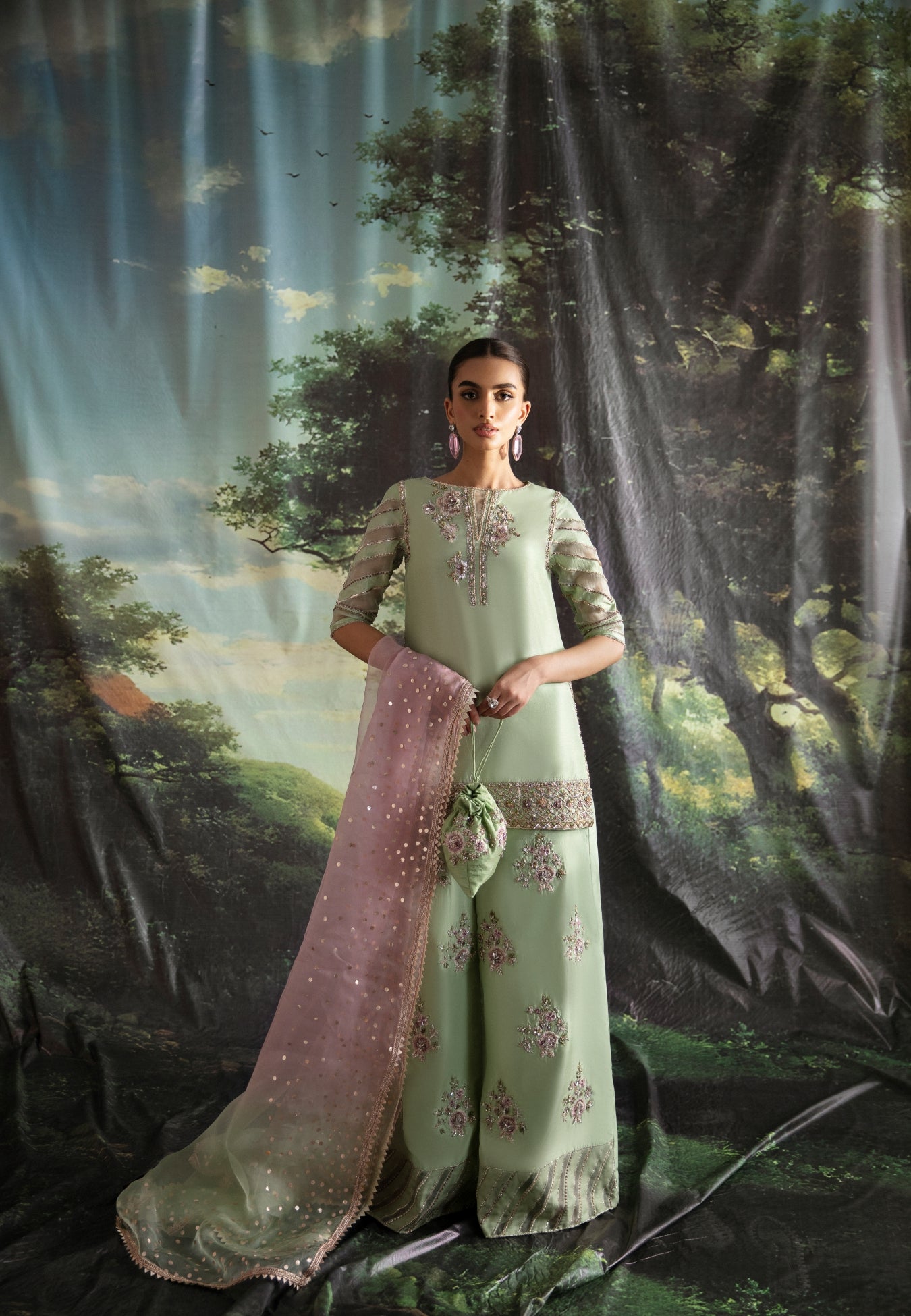 Pakistani Mint Green Embroidered Organza Salwar Kameez (3-Piece) - Image 4