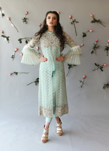Pakistani Mint Green Hand Embroidered Organza & Silk Salwar Kameez (2-Piece) - Image 2