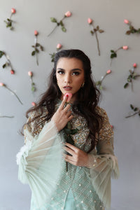 Pakistani Mint Green Hand Embroidered Organza & Silk Salwar Kameez (2-Piece) - Image 3