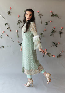 Pakistani Mint Green Hand Embroidered Organza & Silk Salwar Kameez (2-Piece) - Image 4