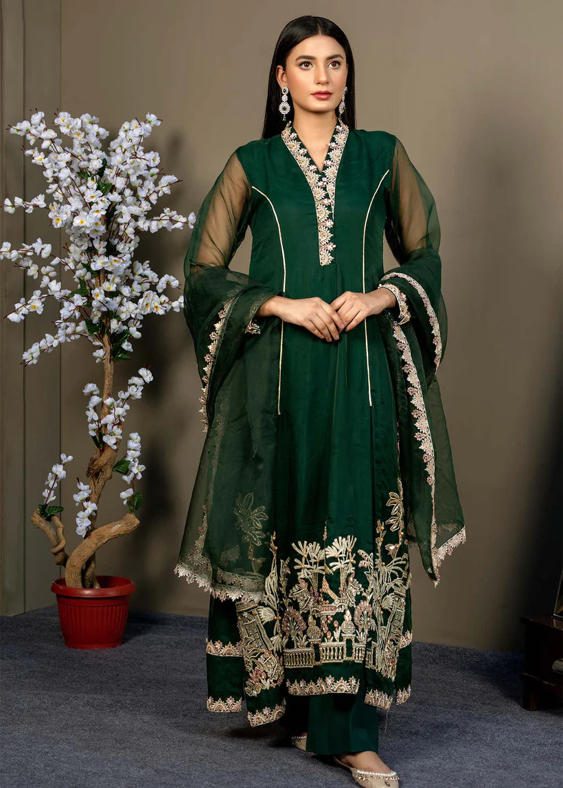 Emerald Green Embroidered Organza & Silk Salwar Kameez (4-Piece) - Image 1