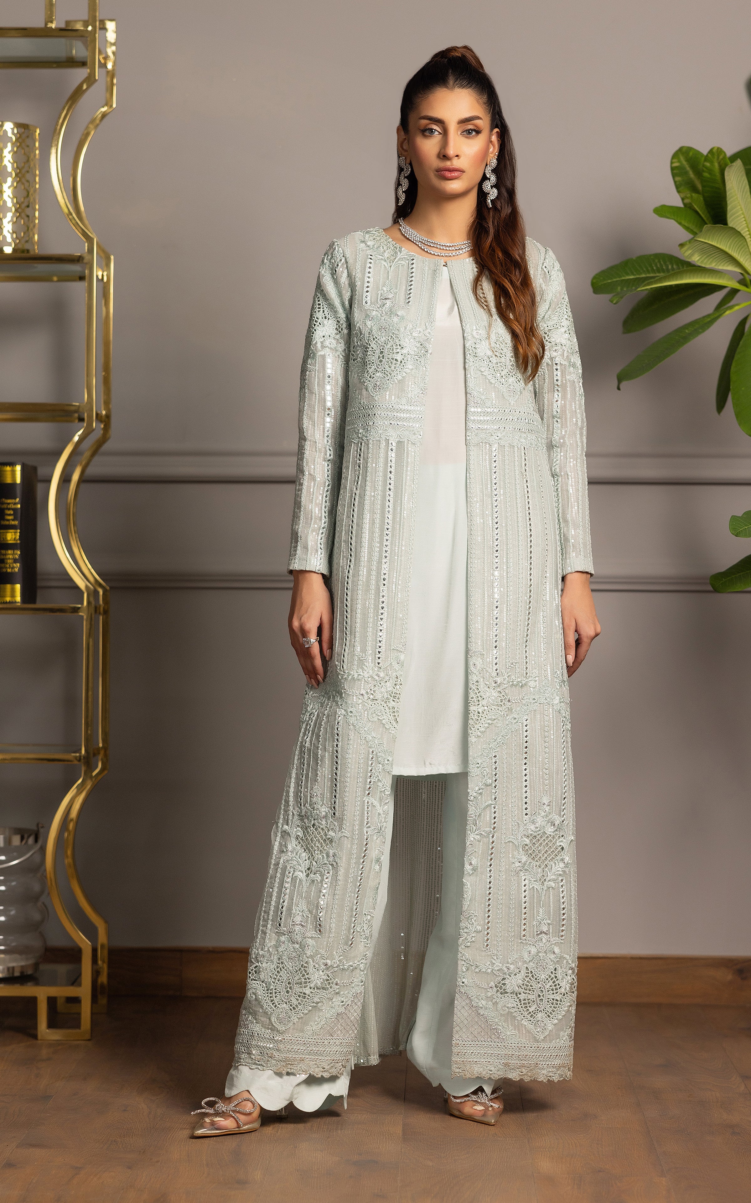 Pale Mint Embroidered Organza Long Jacket (3-Piece) - Image 1