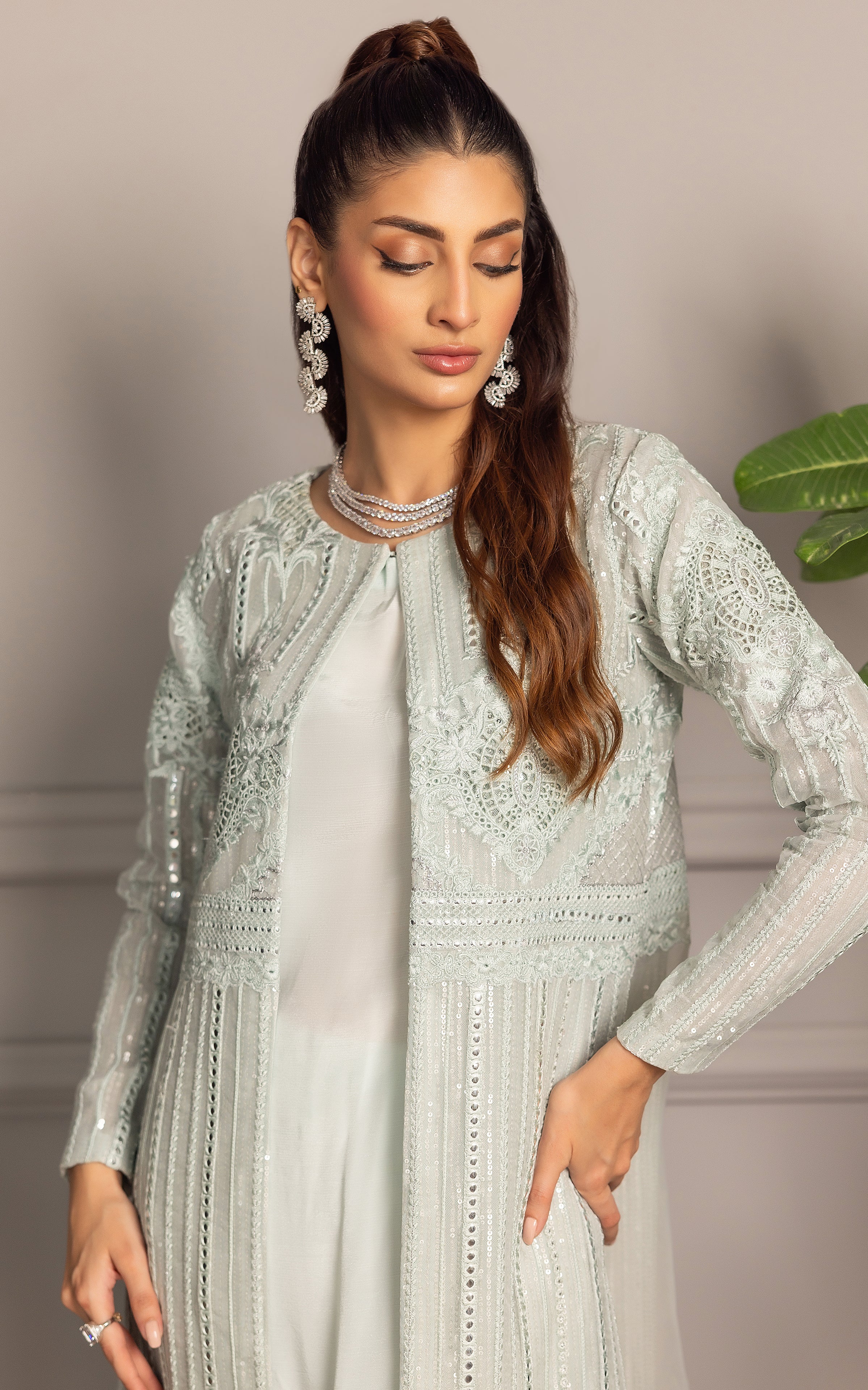 Pale Mint Embroidered Organza Long Jacket (3-Piece) - Image 2