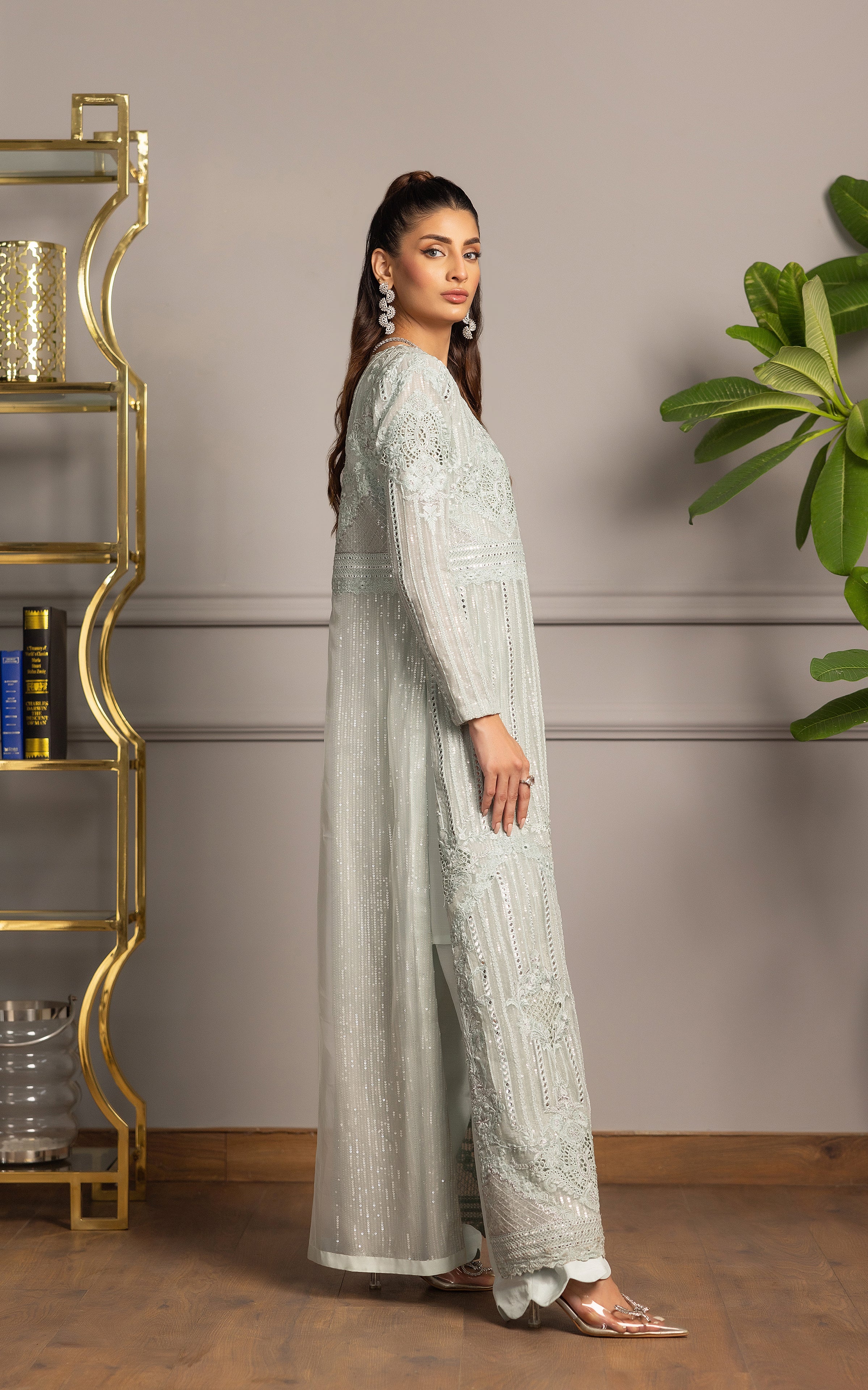 Pale Mint Embroidered Organza Long Jacket (3-Piece) - Image 3