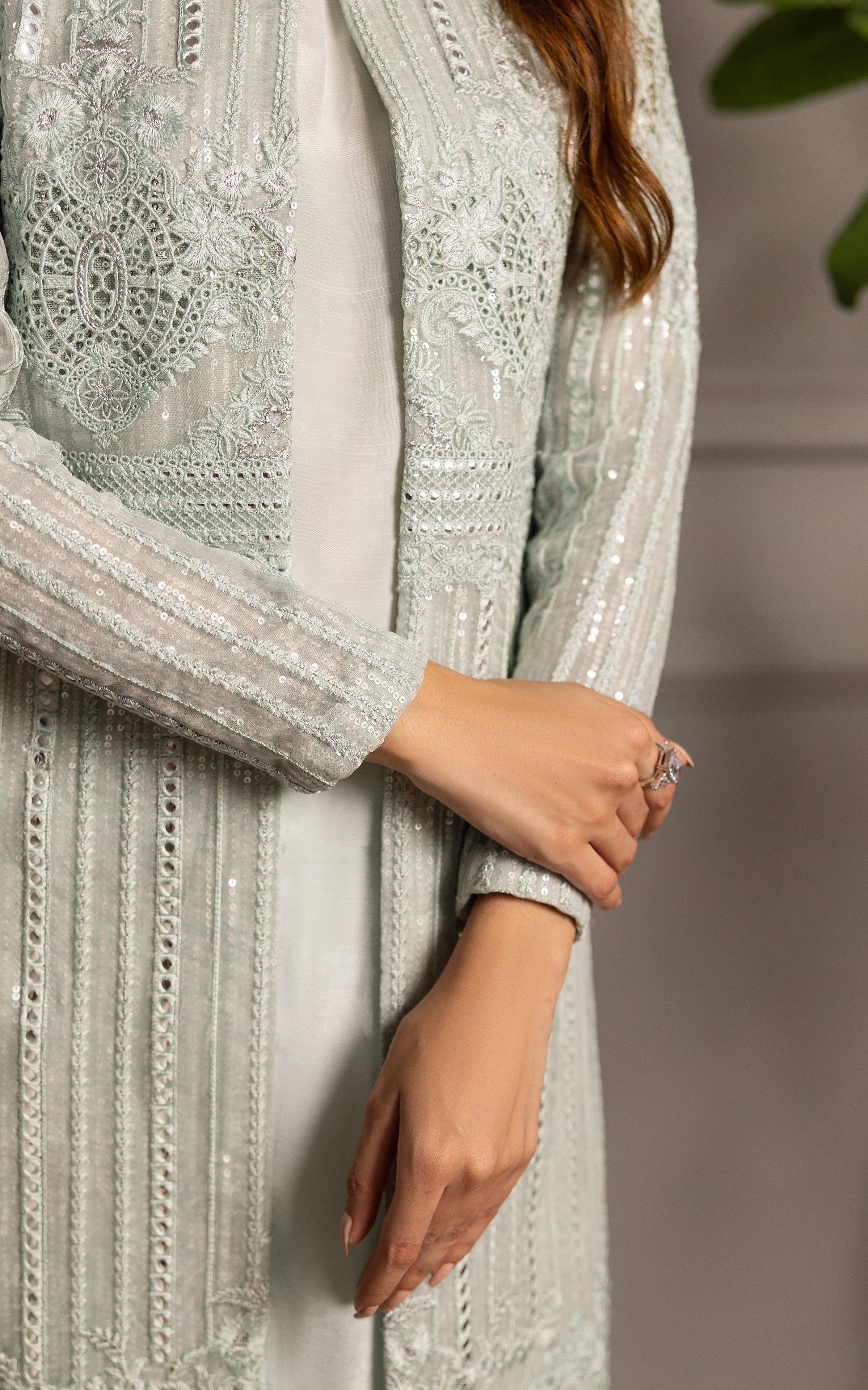 Pale Mint Embroidered Organza Long Jacket (3-Piece) - Image 4