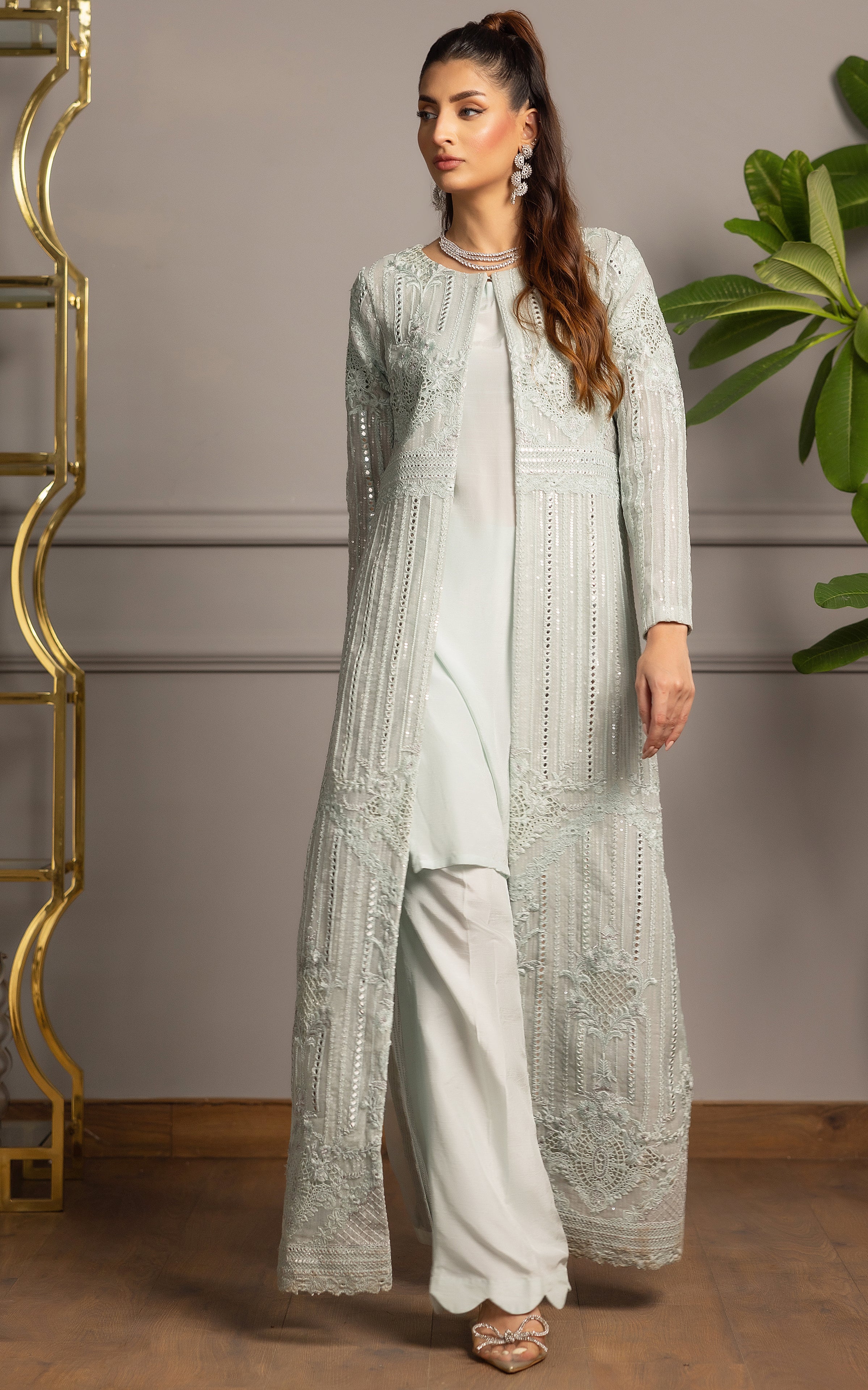 Pale Mint Embroidered Organza Long Jacket (3-Piece) - Image 5