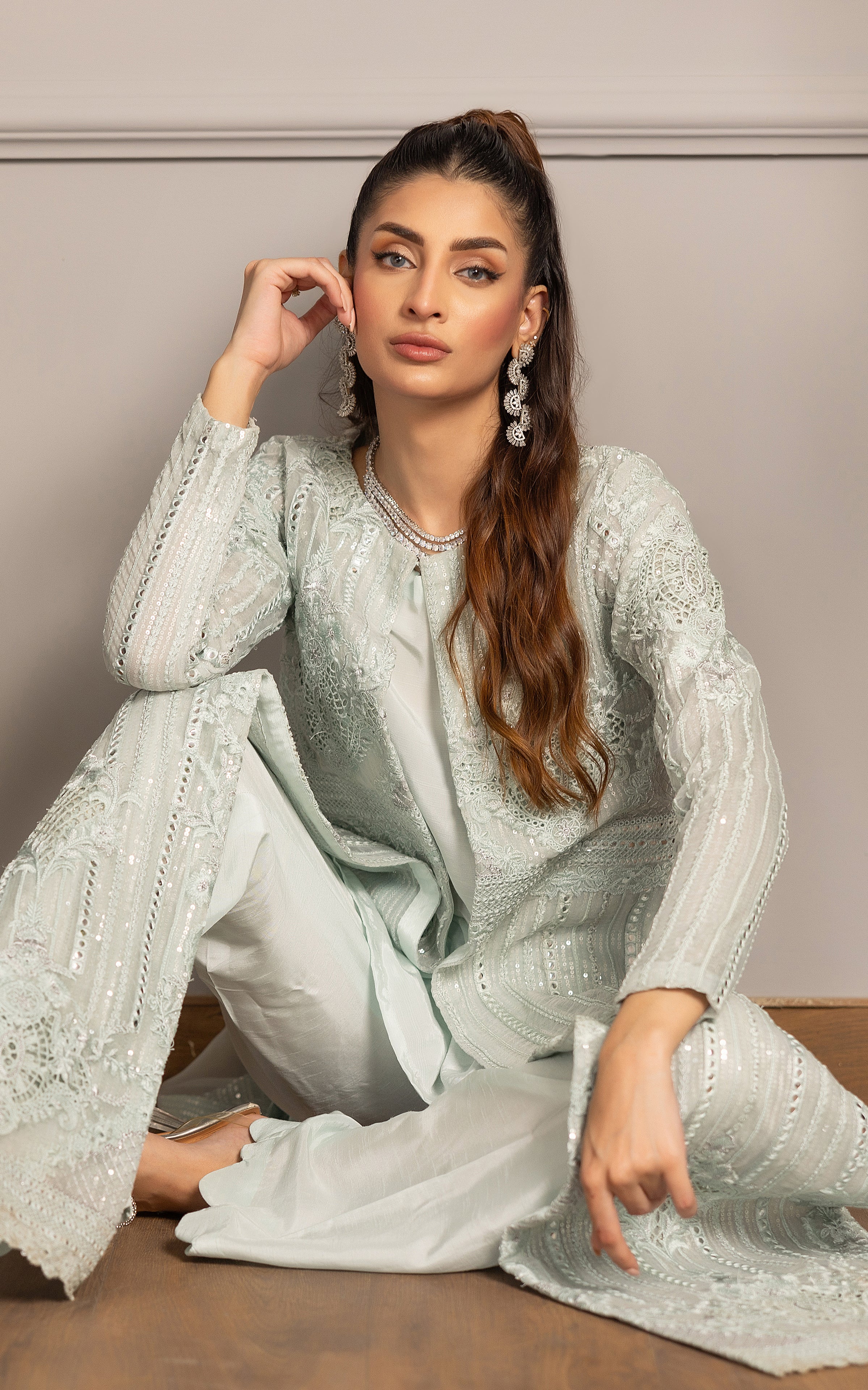 Pale Mint Embroidered Organza Long Jacket (3-Piece) - Image 7