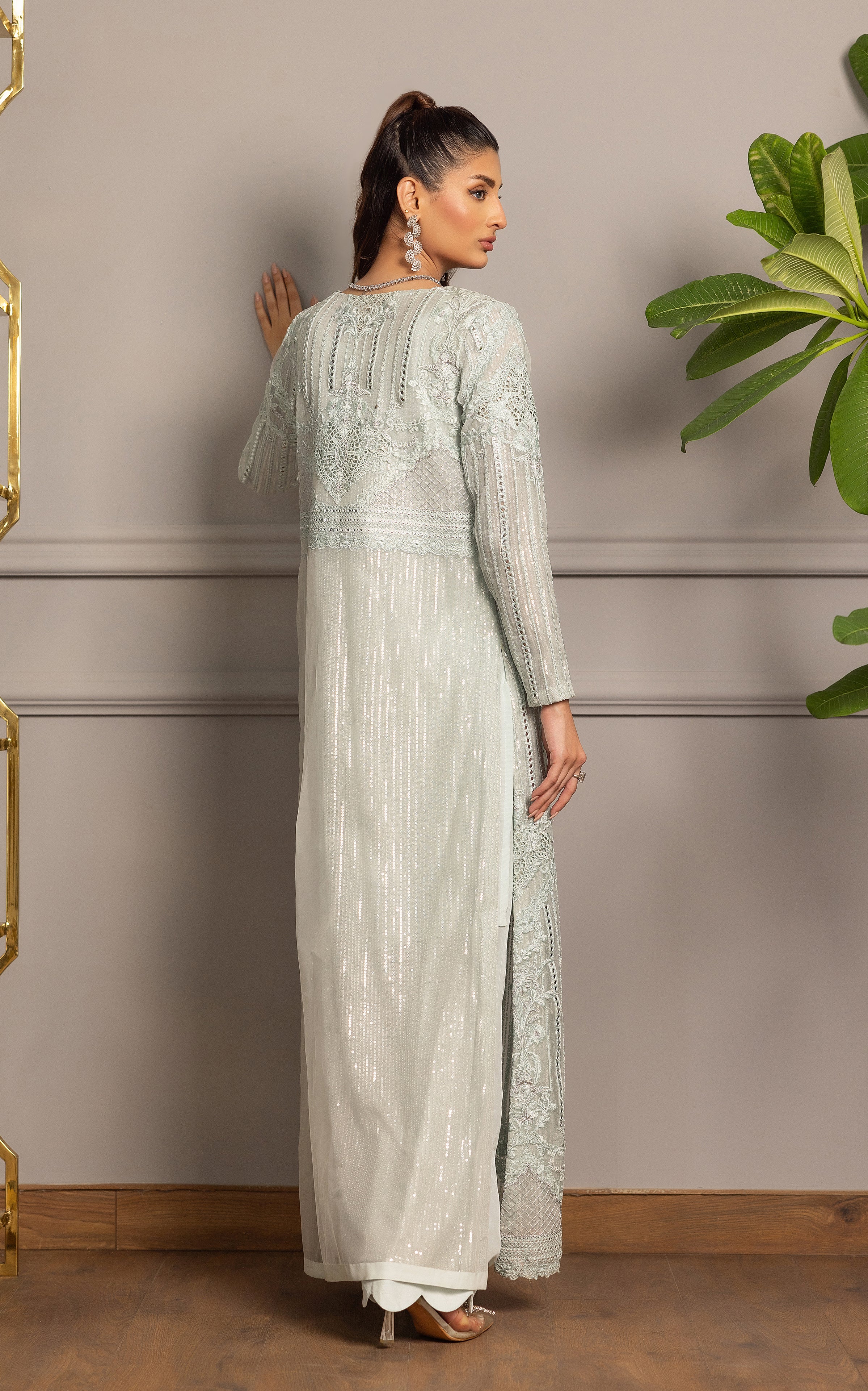Pale Mint Embroidered Organza Long Jacket (3-Piece) - Image 8