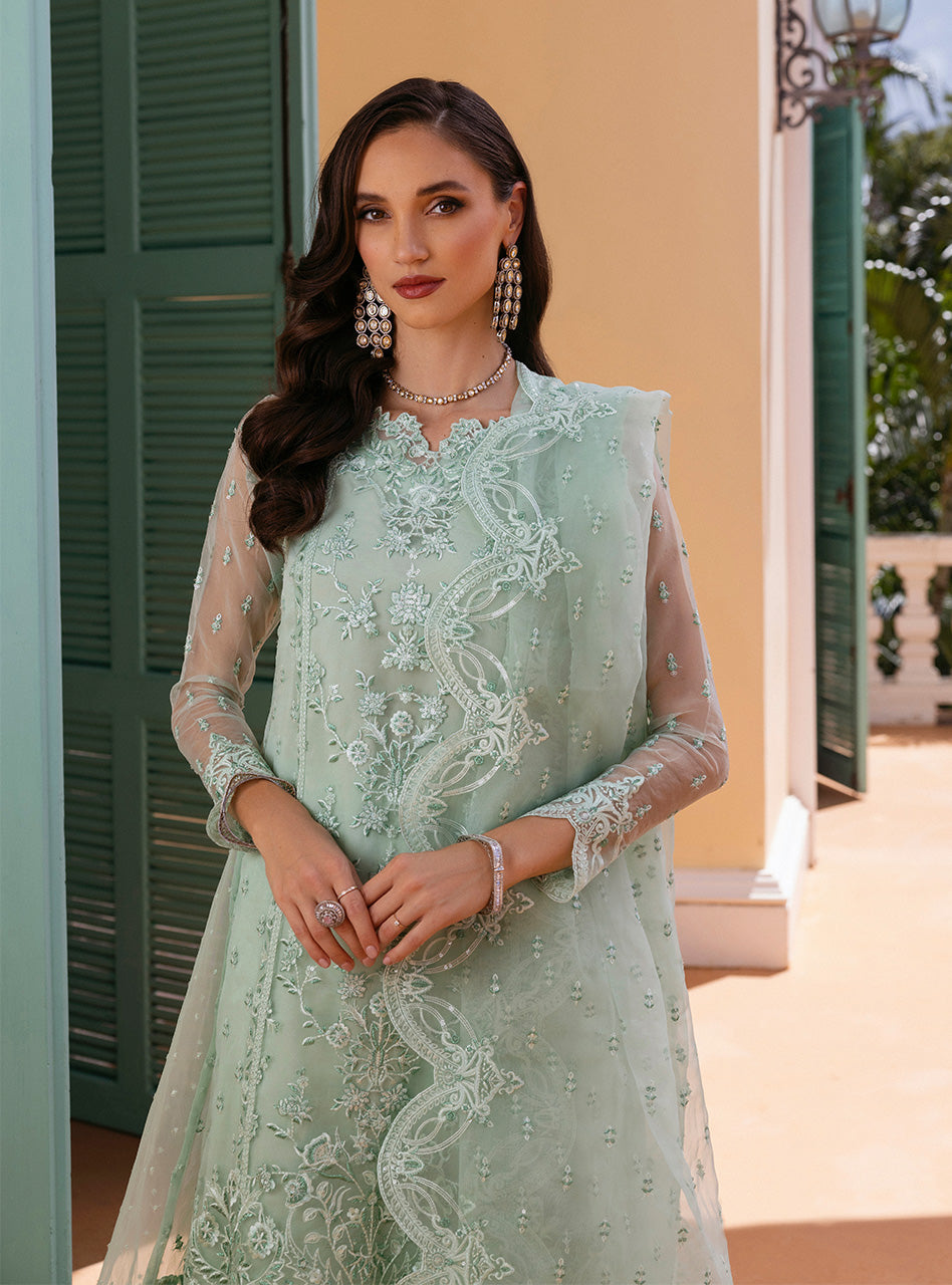 Pakistani Mint Green Embroidered Organza Salwar Kameez (3-Piece) - Image 2
